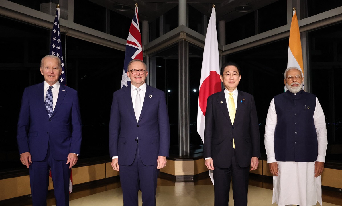 U.S. President Joe Biden, Australia's Prime Minister Anthony Albanese, Japanese Prime Minister Fumio Kishida, and India's Prime Minister Narendra Modi pose for a photo ahead of QUAD Leaders' Meeting in Hiroshima Prefecture on May 20, 2023. ( The Yomiuri Shimbun )