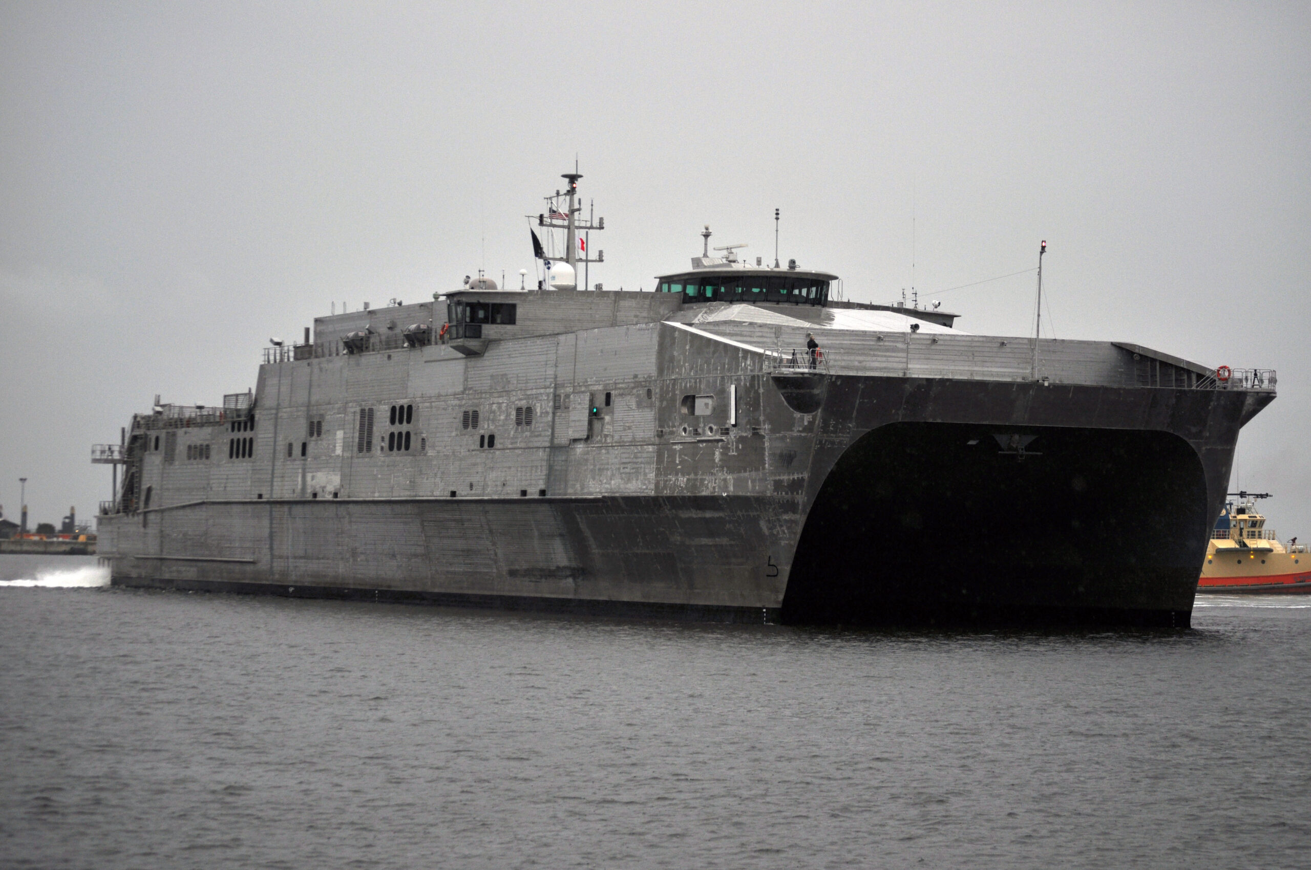 The Military Sealift Command joint high-speed vessel USNS Spearhead (JHSV 1) arrives for a port visit to Naval Station Mayport. Spearhead is scheduled to support future Southern Partnership Station missions in the U.S. 4th Fleet area of responsibility. The new class of high speed vessels are capable of transporting approximately 600 tons of equipment and military personnel 1,200 miles at an average speed of 35 knots. (U.S. Navy photo by Lt. Cmdr. Corey Barker/Released)