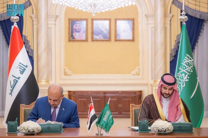 The defense ministers of Saudi Arabia and Iraq met in Riyadh to sign a military agreement.
