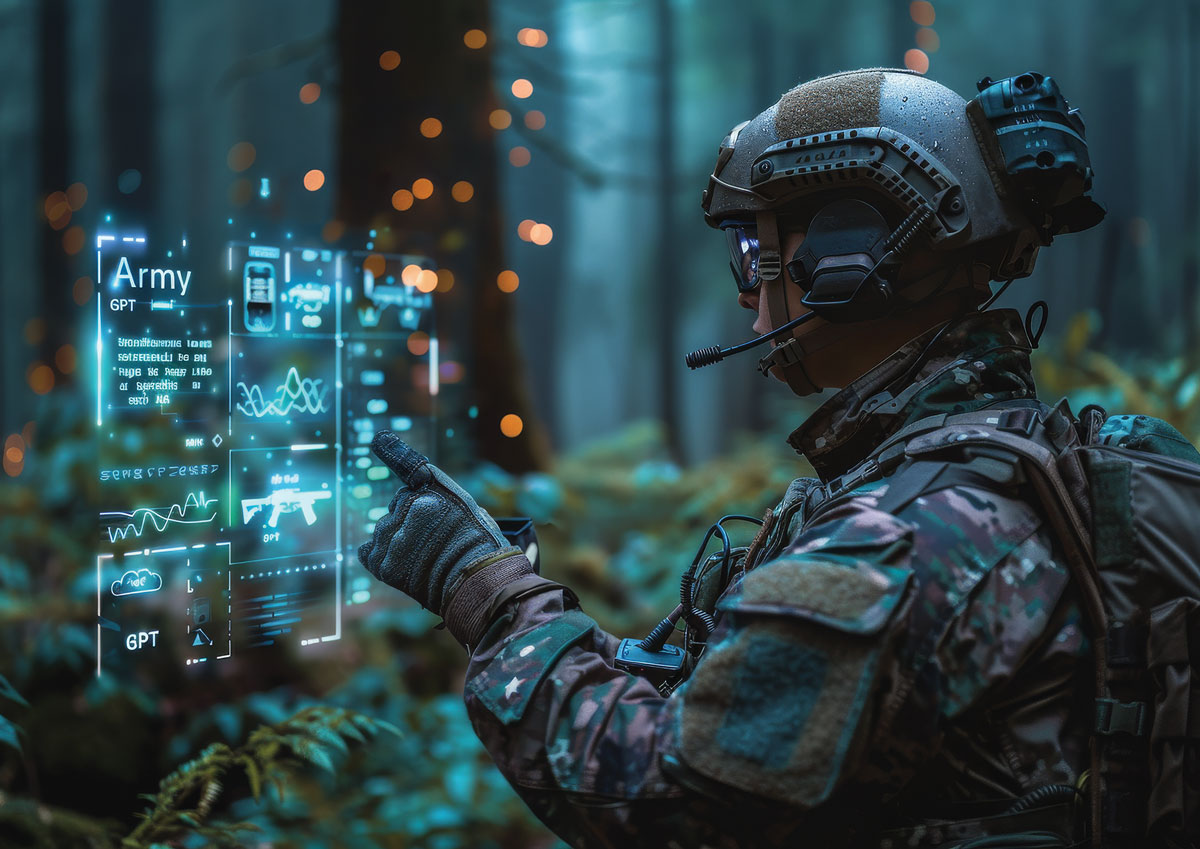 A soldier uses a handheld device to employ artificial intelligence for data analysis to guide rapid planning and execution of tactical-level operations