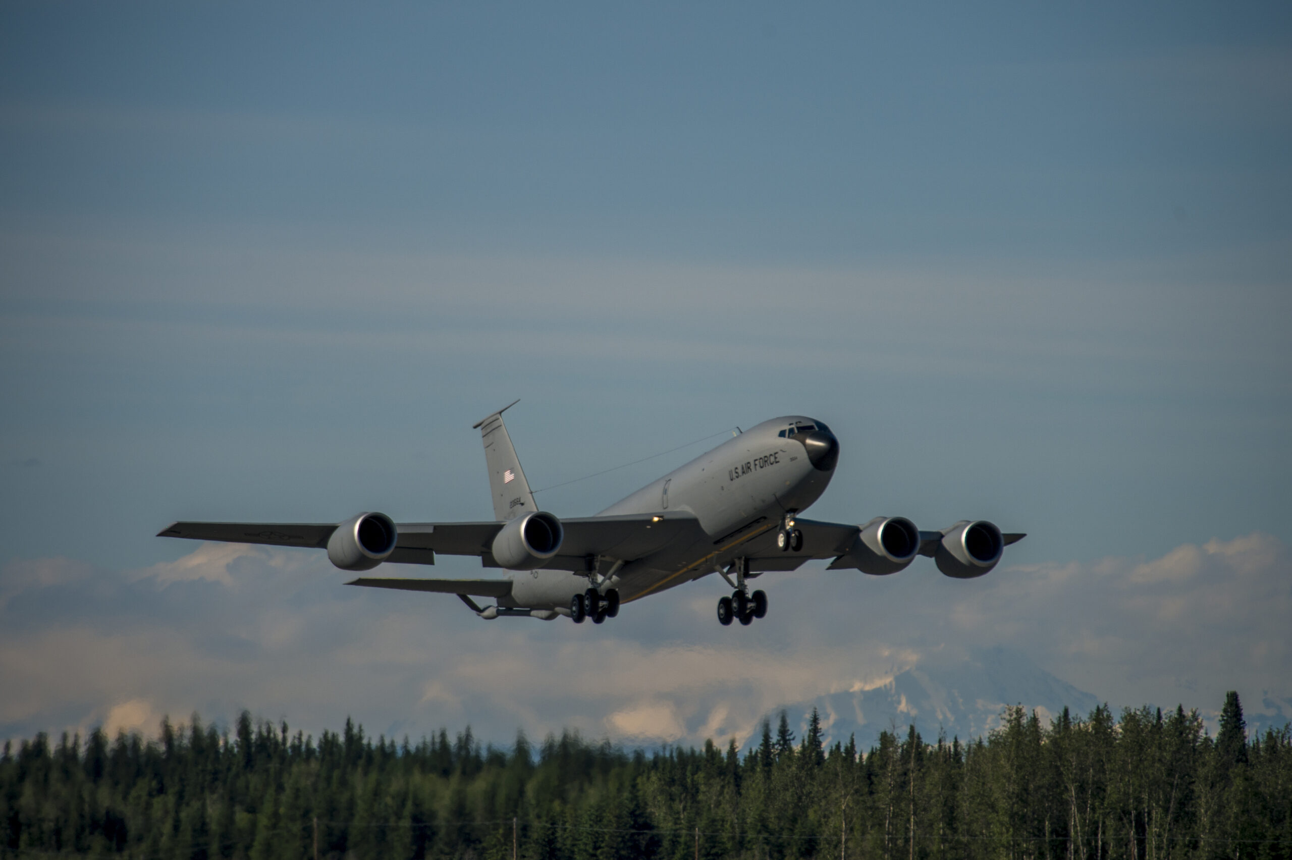 A U.S. Air Force KC-135 assigned to the 168th Air Refueling Wing, takes off from the flightline during RED FLAG-Alaska 17-2 June 14, 2017, at Eielson Air Force Base, Alaska. RED FLAG-Alaska provides an optimal training environment in the Indo-Asia Pacific Region and focuses on improving ground, space, and cyberspace combat readiness and interoperability for U.S. and international forces. (US Air Force photo by Airman 1st Class Sean Carnes)