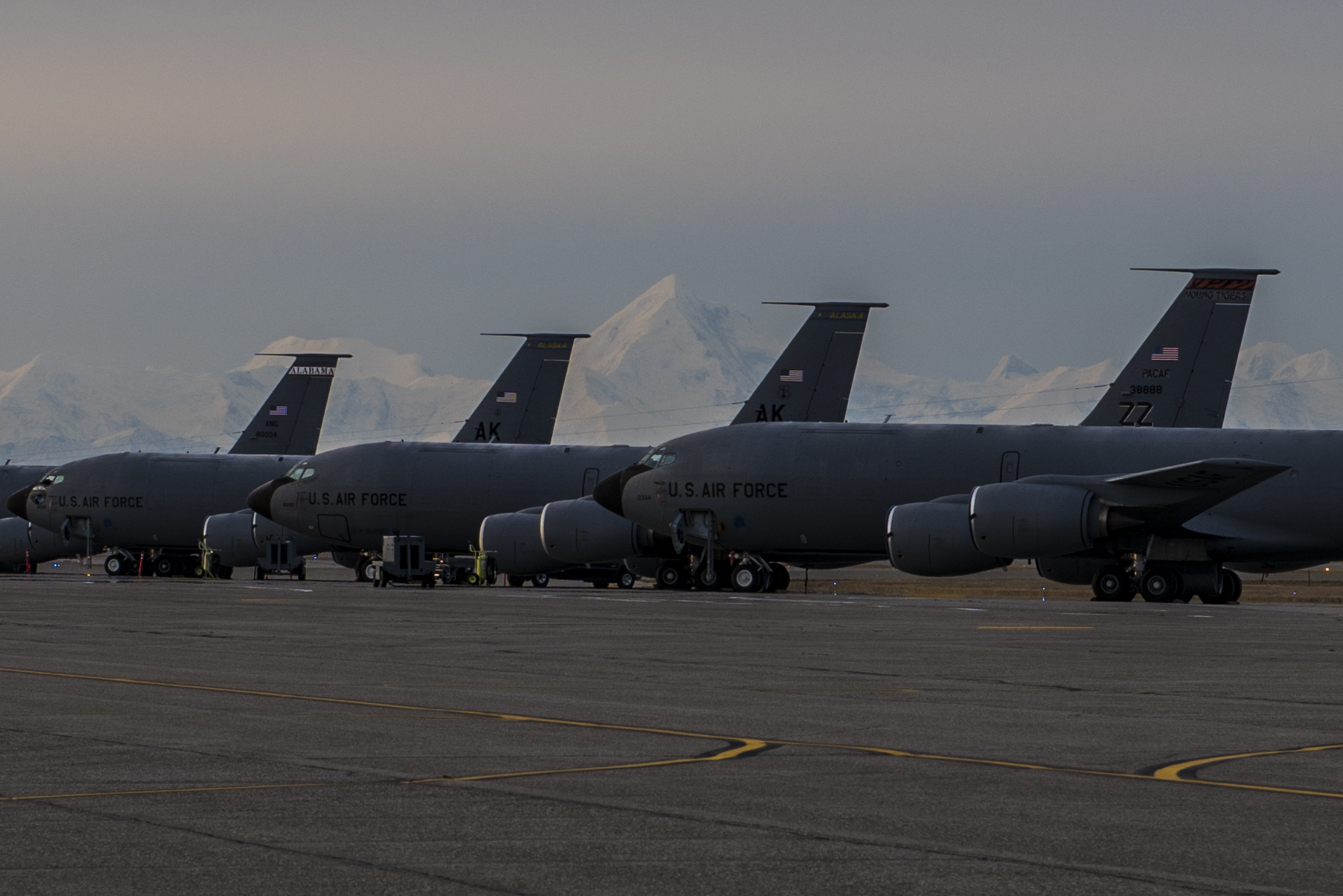 U.S. Air Force KC-135 Stratotankers assigned to the 168th Air Refueling Wing (ARW) sit on the flightline at Eielson Air Force Base, Alaska, Sept. 24, 2019. The 168th ARW is Pacific Air Forces’ only Arctic region refueling unit and it transfers more fuel than any other Air National Guard tanker wing. (U.S. Air Force photo by Airman 1st Class Aaron Larue Guerrisky)