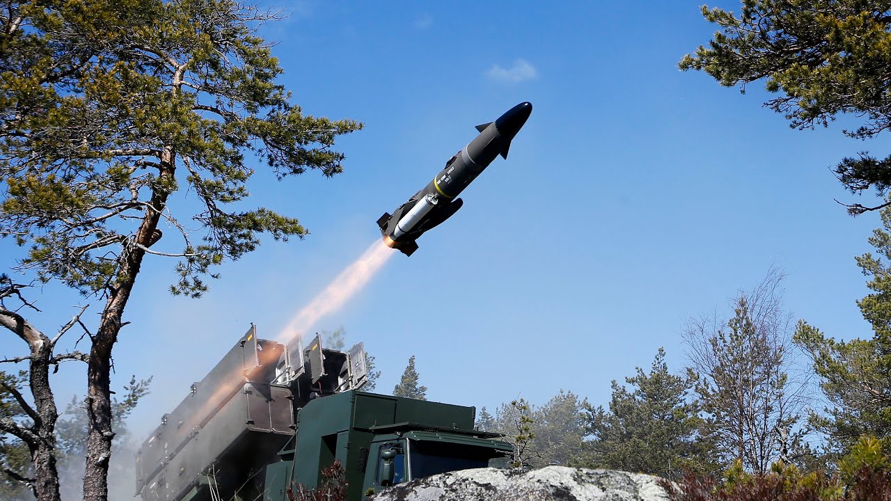 An RBS15 missile being fired from a truck