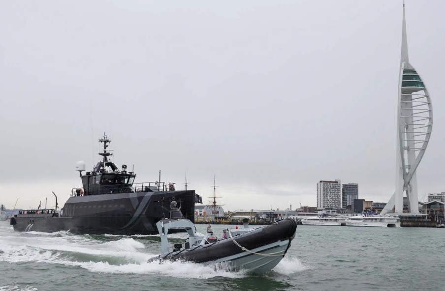 An uncrewed Pacific 24 rigid inflatable boat was remotely controlled from Royal Navy experimentation ship XV Patrick Blackett while the pair sailed off the coast of Portsmouth.