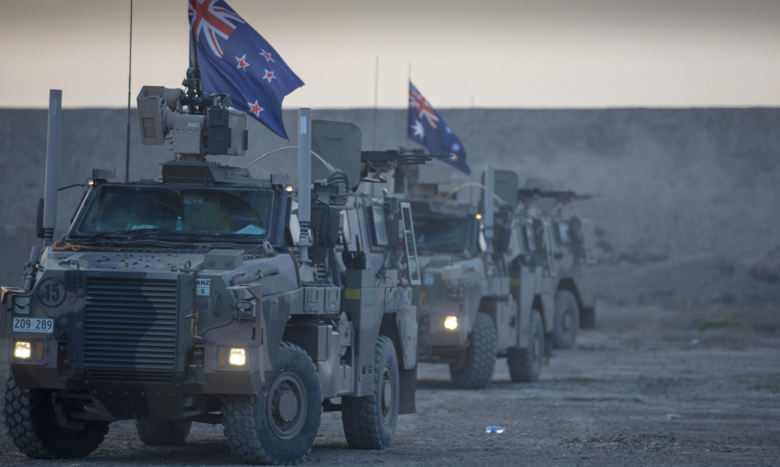 Protected Mobility Vehicles line up for a range practice at the Taji Military Complex, Iraq. *** Local Caption *** The Task Group Taji Quick Reaction Force are responsible for base defence at the Taji Military Complex, Iraq and conduct routine patrols. They also provide security overwatch for coalition forces as they train the Iraqi Security Forces to combat Daesh. Task Group Taji is a part of Australia and New Zealands contribution to the US-led Operation Inherent Resolves Building Partner Capacity mission. The ADF effort is part of Operation OKRA and the NZDF effort is part of Operation MANAWA. Task Group Taji has trained more than 46,000 members of the Iraqi Security Forces and law enforcement agency personnel since 2015.
