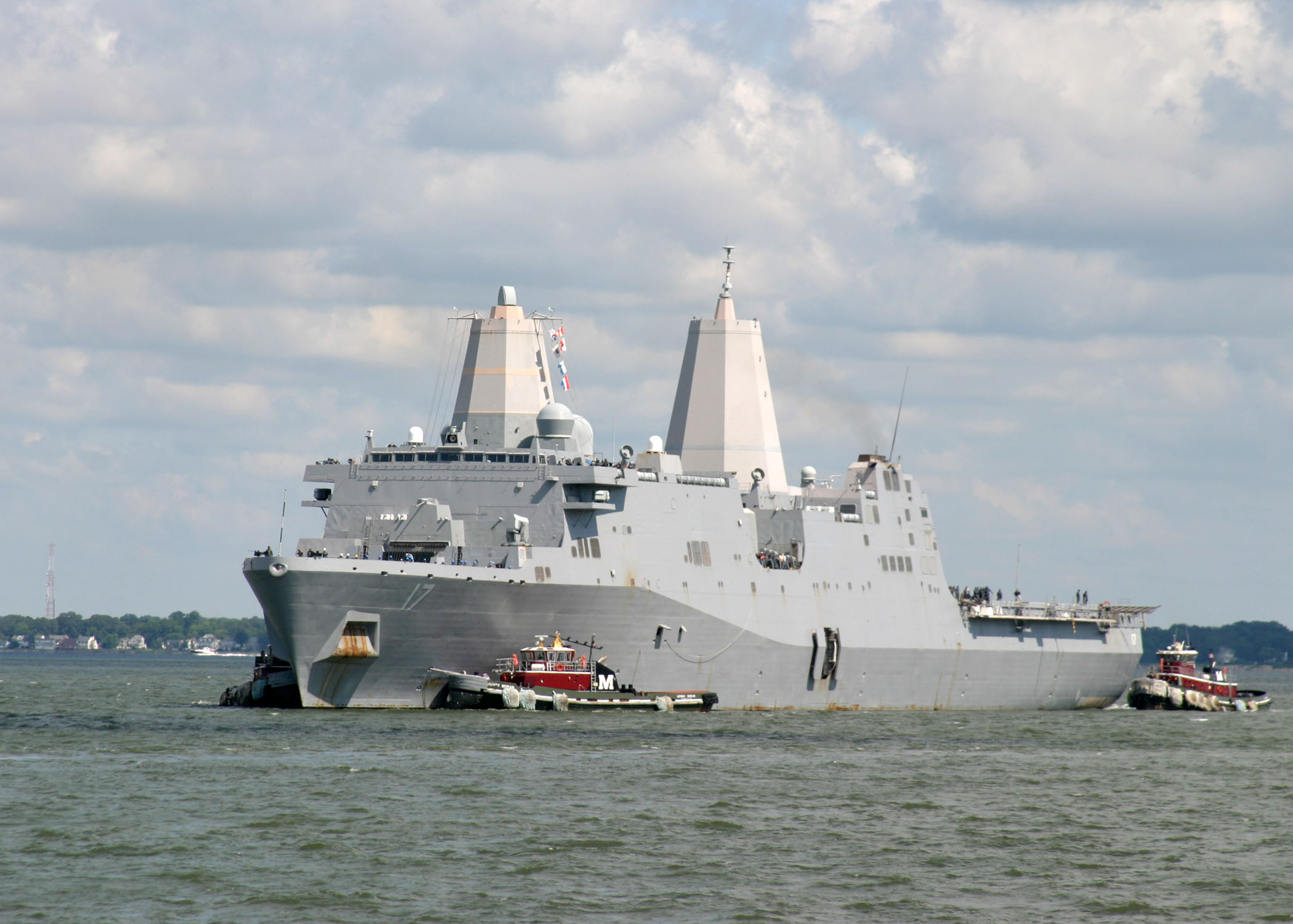 The amphibious transport dock ship USS San Antonio (LPD 17) returns to Naval Station Norfolk after completing the second phase of a two-part series of sea trails. The sea trials evaluated shipboard systems and developed crew proficiency.