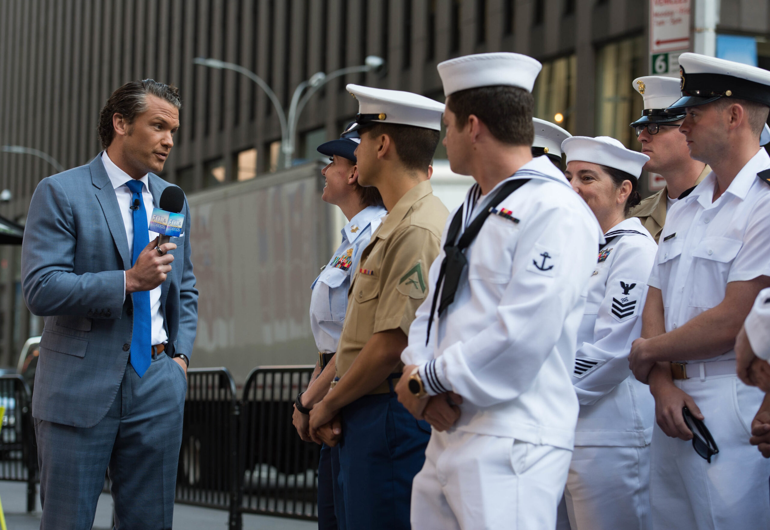 190526-N-AY174-1131 NEW YORK (May 26, 2019) Pete Hegseth, a contributor at Fox and Friends In The Morning television show, speaks with service members during Fleet Week New York (FWNY) 2019. Fleet Week New York, now in its 31st year, is the city's time-honored celebration of the sea services. It is an unparalleled opportunity for the citizens of New York and the surrounding tri-state area to meet Sailors, Marines and Coast Guardsmen, as well as witness firsthand the latest capabilities of today's maritime services. (U.S. Navy photo by Mass Communication Specialist Seaman Apprentice Brianna Thompson/Released)