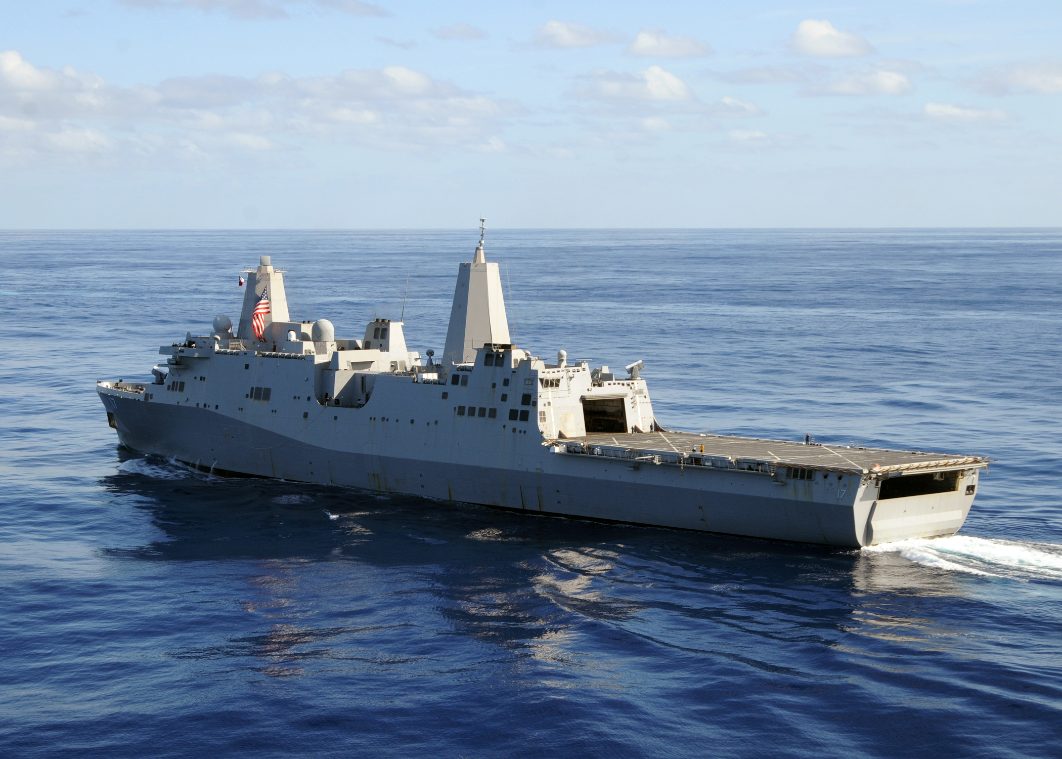 The amphibious transport dock USS San Antonio (LPD 17) transits the Atlantic Ocean while deployed as part of the Iwo Jima Expeditionary Strike Group supporting maritime security operations in the U.S. 5th and 6th Fleet areas of responsibility Sept. 6, 2008. (U.S. Navy photo by Mass Communication Specialist 2nd Class Jason R. Zalasky/Released)