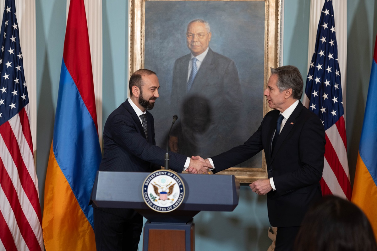 Armenian Foreign Minister Ararat Mirzoyan shakes hands with US Secretary of State Antony Blinken to launch the U.S.-Armenia Strategic Partnership Commission to intensify cooperation on mutual interests