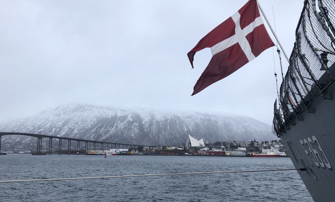 The Niels Juel at the quay in the north-Norway town of Tromsø, the characteristic Arctic Cathedral can be seen in the background