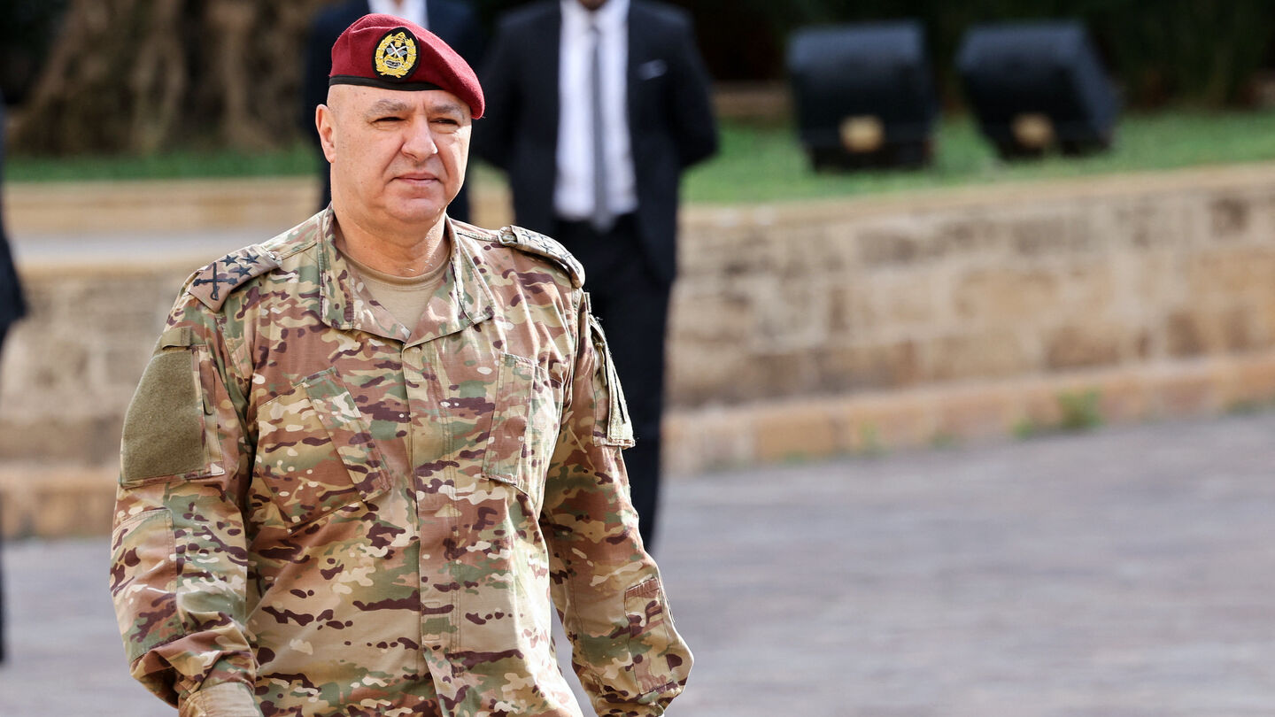 Lebanon President Gen. Joseph Aoun walks toward the Grand Serail in Beirut.
