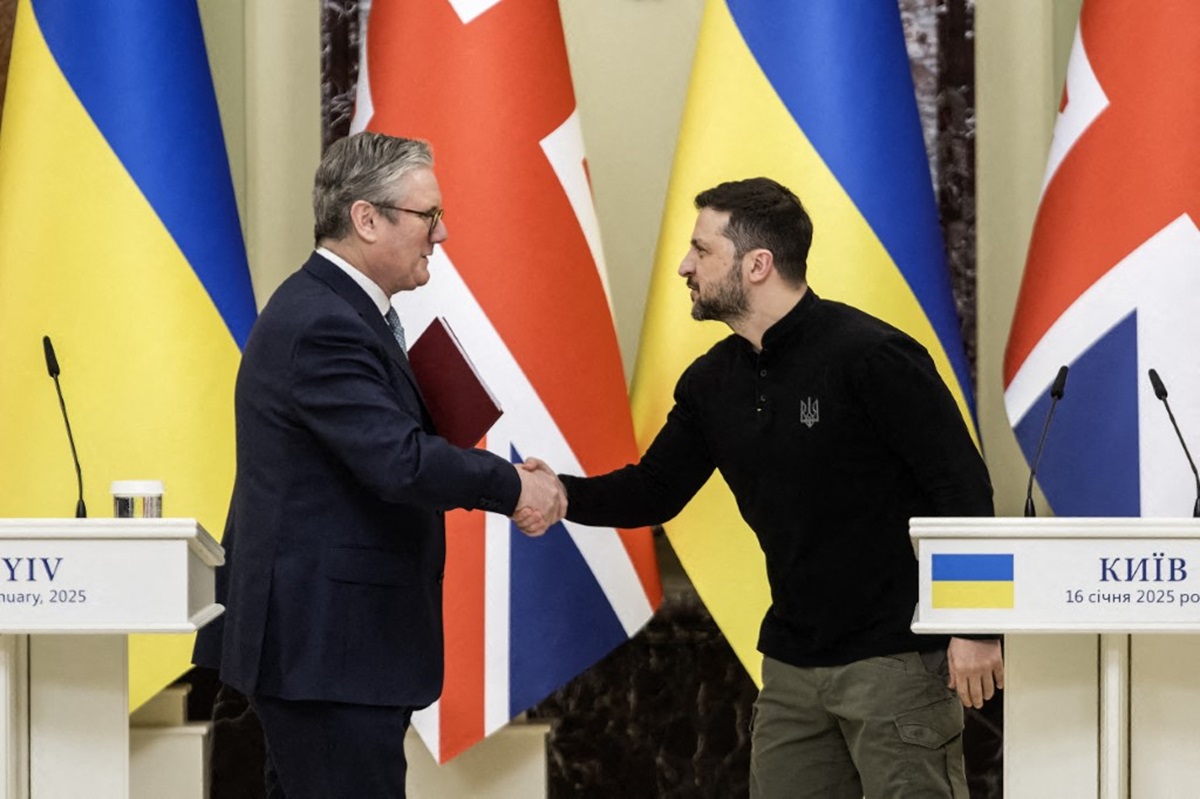 Ukrainian President Volodymyr Zelensky and Keir Starmer, Prime Minister of the United Kingdom, shake hands after a joint press conference in Kyiv, Ukraine, on January 16, 2025.