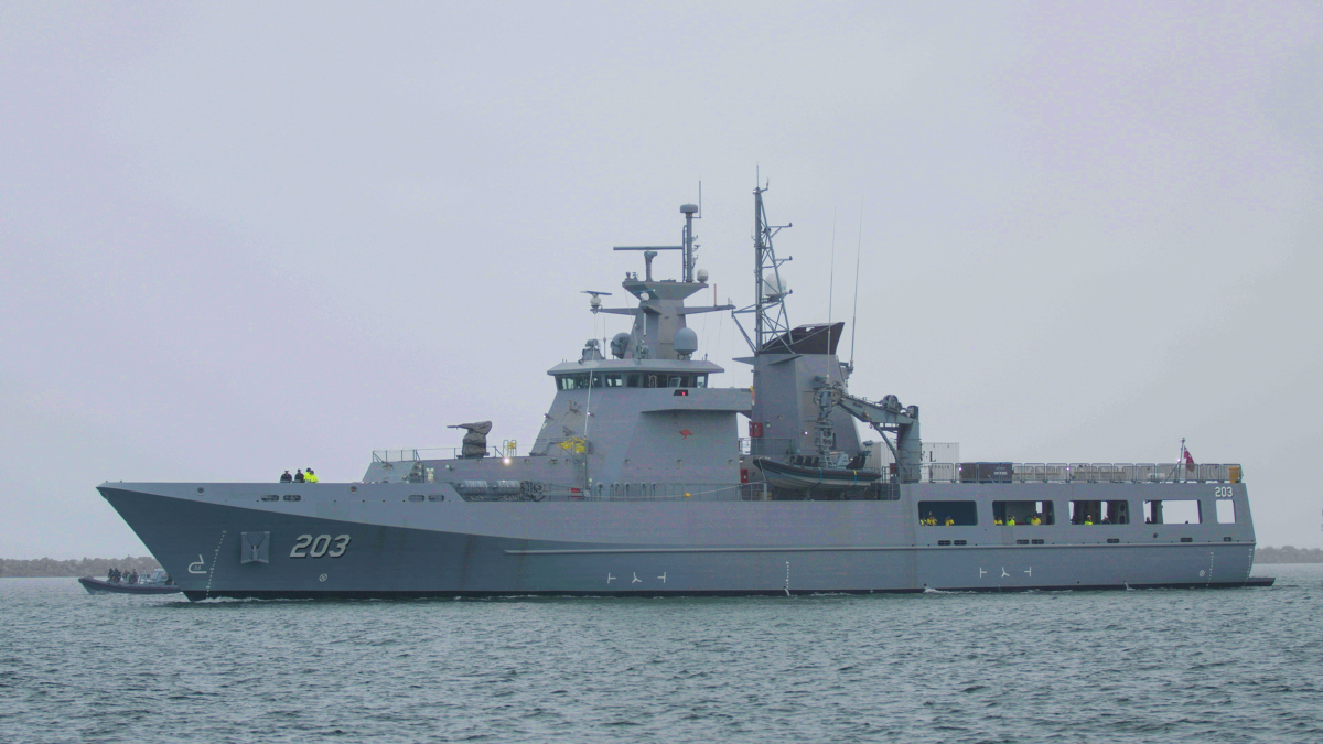 The first Arafura class Offshore Patrol Vessel, NUSHIP Arafura, conducting Sea Trials in August 2024 at the Osborne Naval Shipyard.