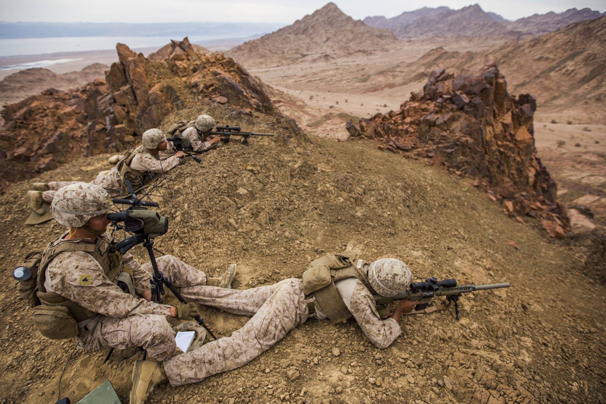 US Marines fire a M110 semi-automatic sniper system during live-fire range training at Camp Titin, Jordan