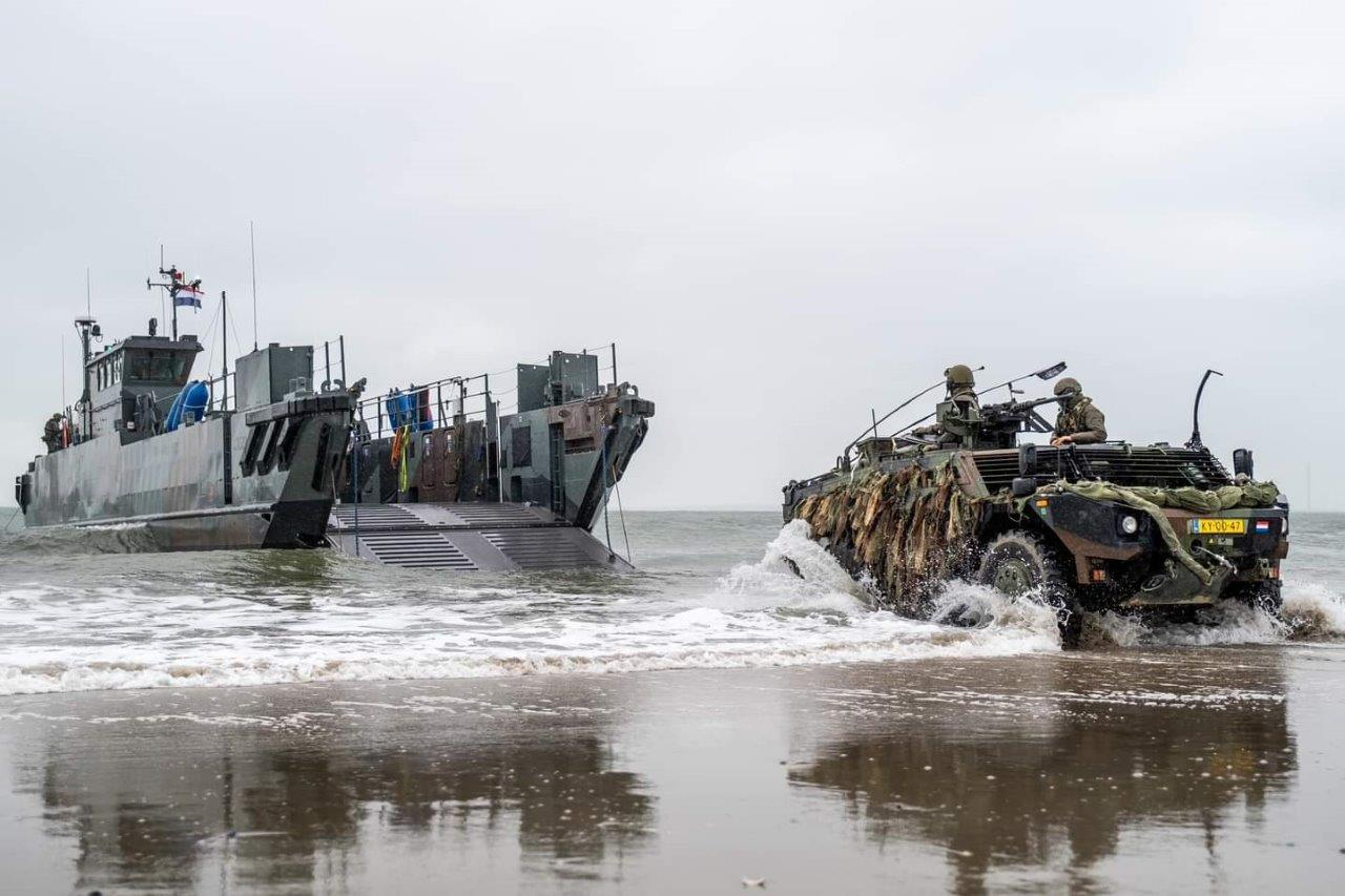 Transport vehicle departs from a landing craft utility (LCU) vessel. Photo: Netherlands Ministry of Defence