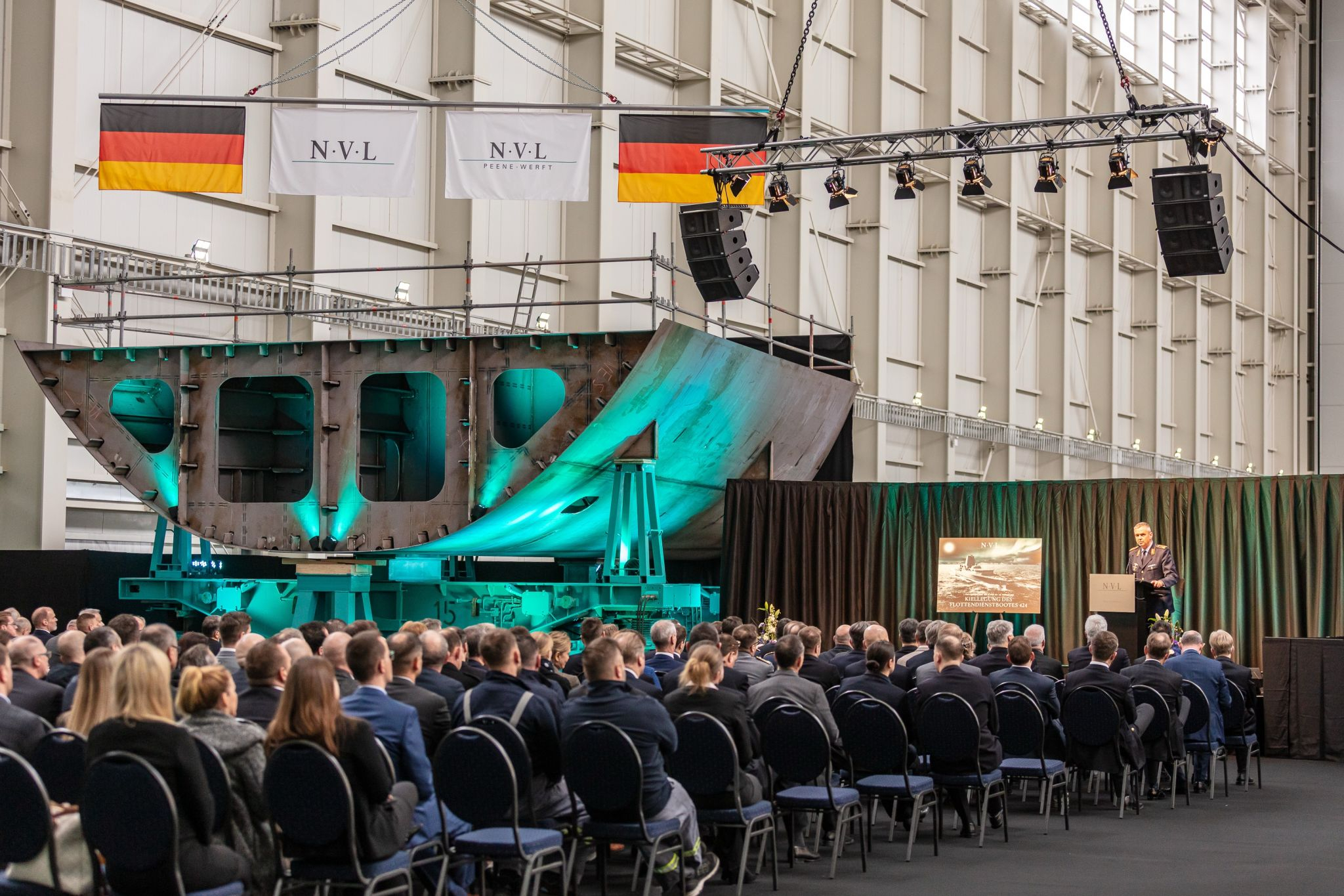 Keel-laying of German Navy’s first Type 424 signals intelligence (SIGINT) and reconnaissance ship in Wolgast.