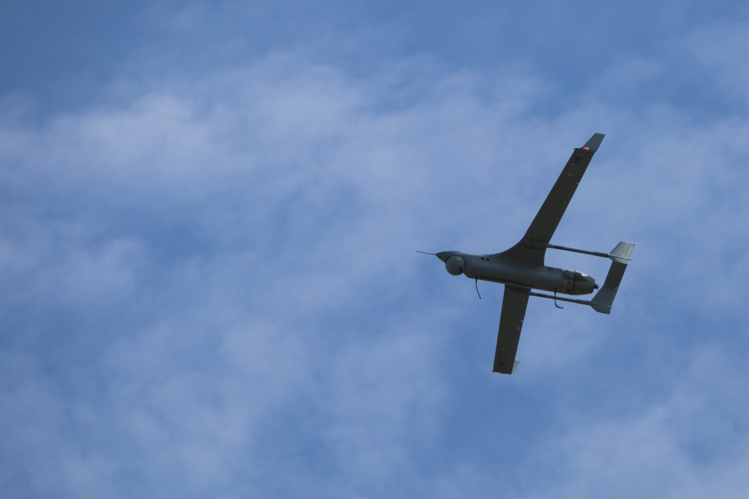 A U.S. Marine Corps RQ-21A Blackjack assigned to Marine Unmanned Aerial Vehicle Squadron 2 flies over Rena, Norway during Frozen Reindeer, May 20, 2018. Frozen Reindeer is a training exercise designed to build flight and ground proficiency to increase unit readiness. (U.S. Marine Corps photo by Sgt. Joselyn Jimenez)