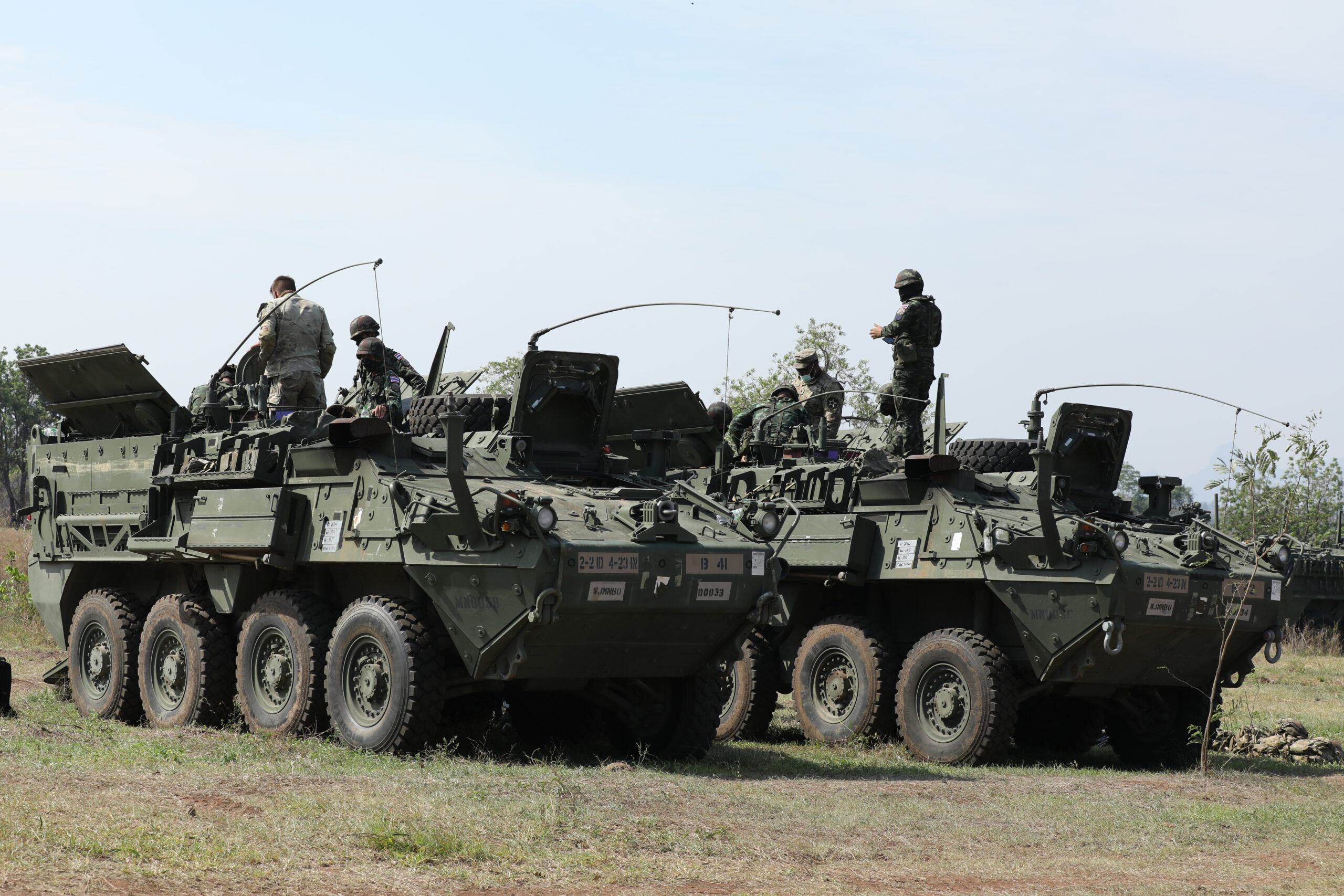 U.S. Army infantrymen with the 4th Battalion, 23rd Infantry Regiment, 2nd Stryker Brigade Combat Team, 7th Infantry Division, trains members of the 112th Infantry Regiment, Royal Thai Army, on the M1129 Stryker Mortar system as part of Cobra Gold 2022 in the Lopburi Province of the Kingdom of Thailand, Feb. 26, 2022. CG 22 is the 41st iteration of the international training exercise that supports readiness and emphasizes coordination on civic action, humanitarian assistance, and disaster relief. From Feb. 22 through March 4, 2022, this annual event taking place at various locations throughout the Kingdom of Thailand increases the capability, capacity, and interoperability of partnered nations while simultaneously reinforcing our commitment to a free and open Indo-Pacific. (U.S. Army photo by Spc. Andrew Mendoza)