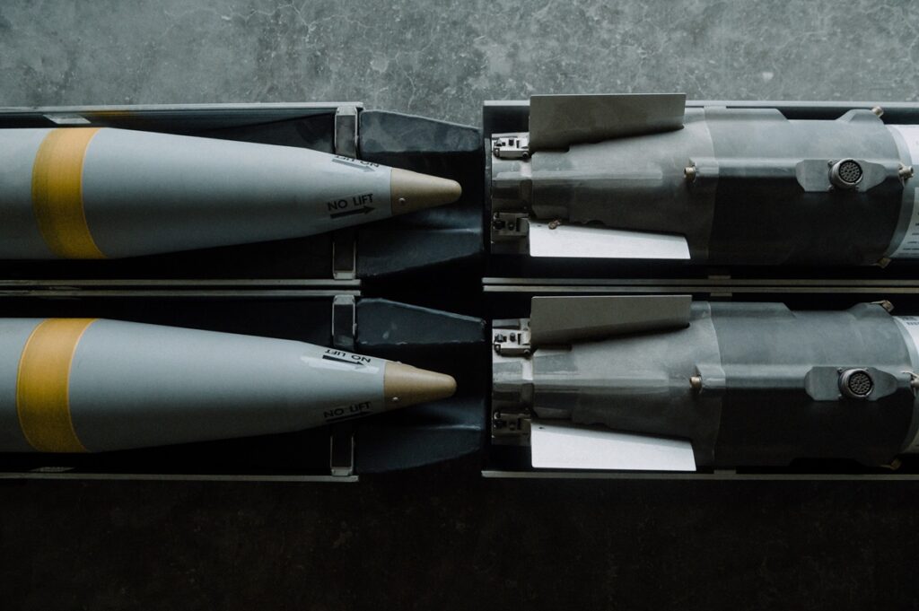 Four GBU-39 small diameter bombs sit in the munitions storage area at Al Udeid Air Base, Qatar, Nov. 27, 2020.