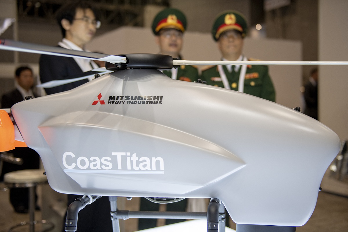 A model of a helicopter drone is seen during the international Trade-show MAST Asia 2019, Maritime, Air Systems and Technologies, in Chiba, Tokyo, June 17, 2019, Japan.