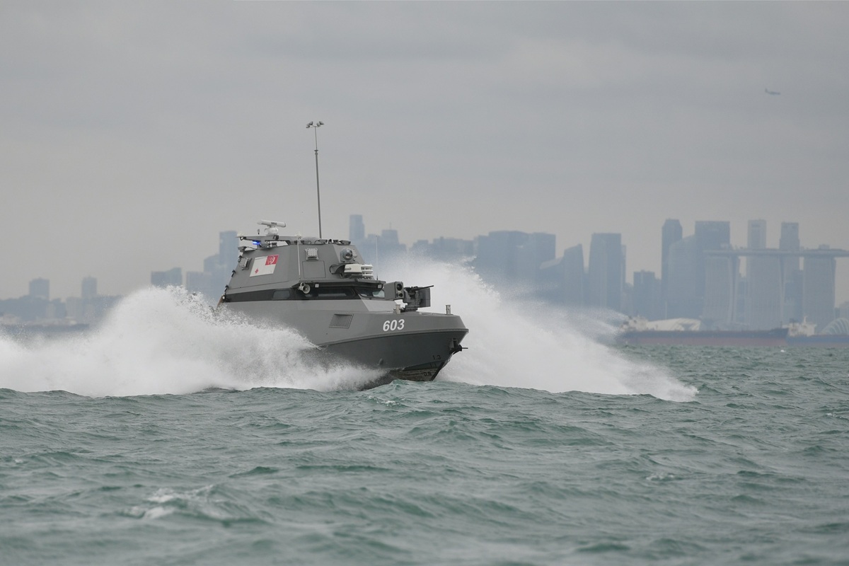 The RSN’s Maritime Security (MARSEC) Unmanned Surface Vessel (USV) operating in the Singapore Strait.