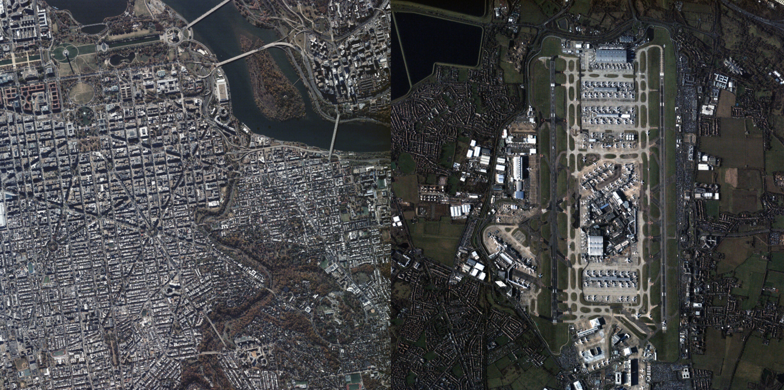 Image captured in January 2025 by the Tyche satellite, taken at approximately 500KM above the earth and shows the Washington DC in the US and Heathrow Airport in the UK