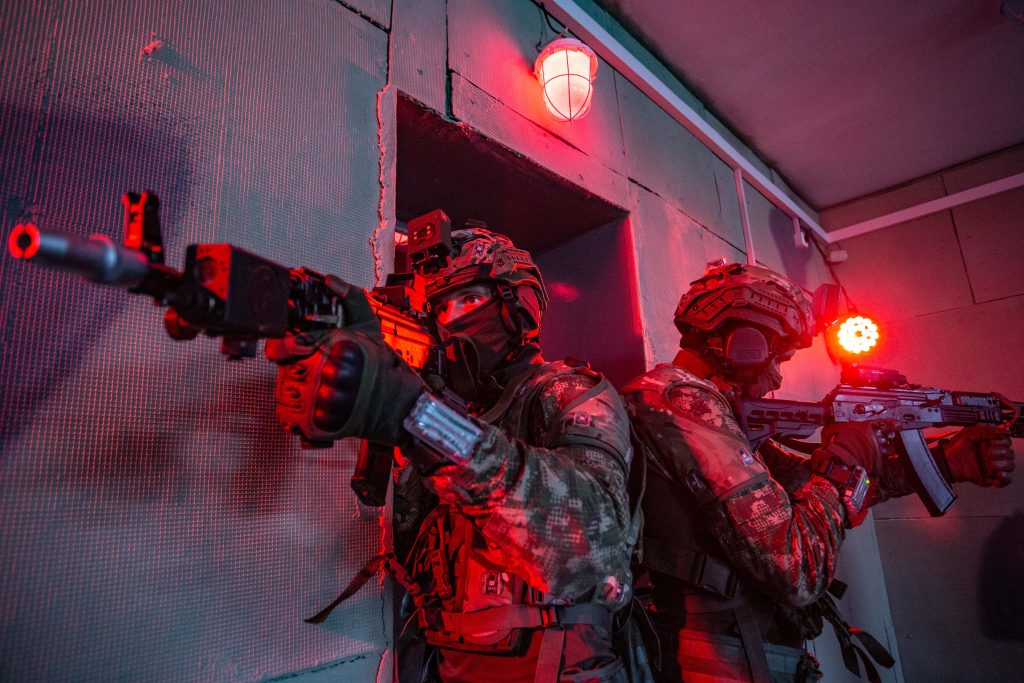Soldiers in a laser-based simulation training