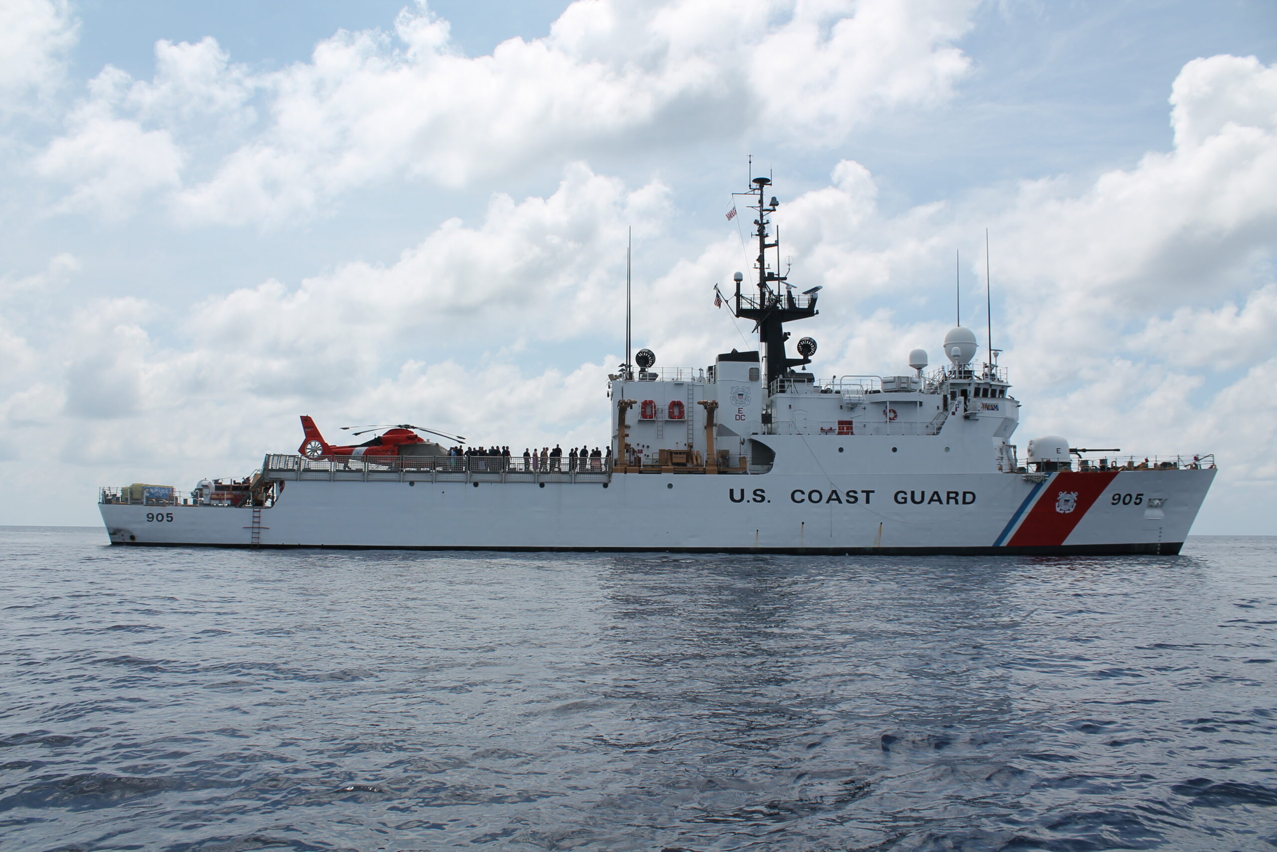 U.S. Coast Guard Cutter Spencer patrols the Atlantic Ocean with a MH-65 helicopter aboard. Homeported in Boston the Spencer is a 270-foot medium endurance cutter with a crew of 100. (U.S. Coast Guard photo)