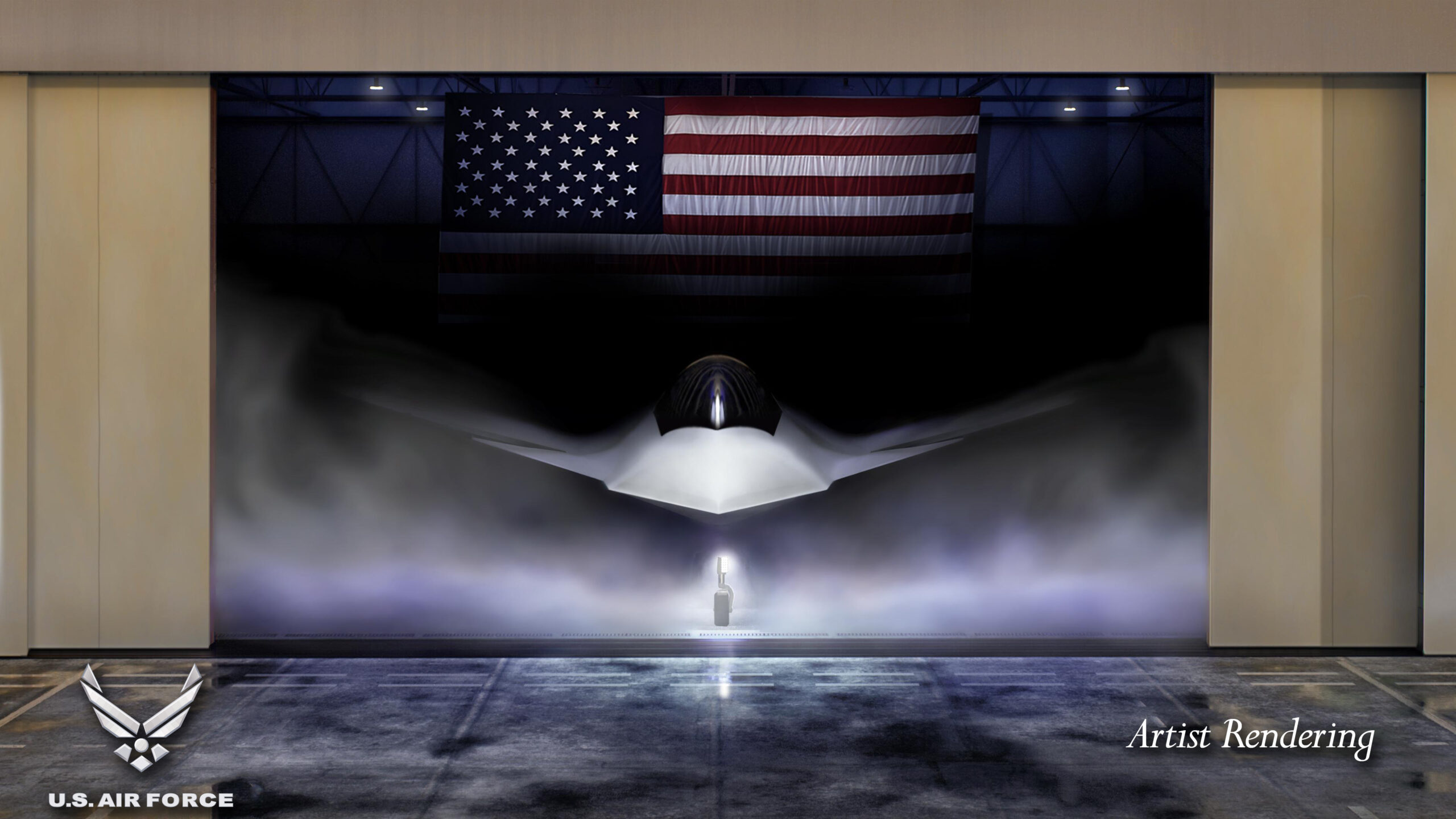 Shown is a graphical artist rendering of the Next Generation Air Dominance (NGAD) Platform. The rendering highlights the Air Force’s sixth generation fighter, the F-47. The NGAD Platform will bring lethal, next-generation technologies to ensure air superiority for the Joint Force in any conflict. (U.S. Air Force graphic)