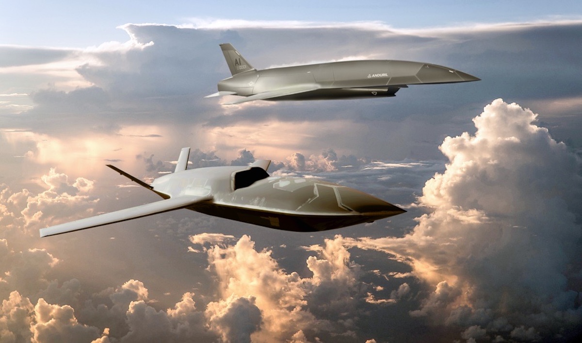 Concepts of the uncrewed fighter aircraft YFQ-42A (bottom) and the YFQ-44A are pictured in artwork. The aircraft are designed to leverage autonomous capabilities and crewed-uncrewed teaming to defeat enemy threats in contested environments. (U.S. Air Force artwork courtesy of General Atomics Aeronautical Systems, Inc. and Anduril Industries)