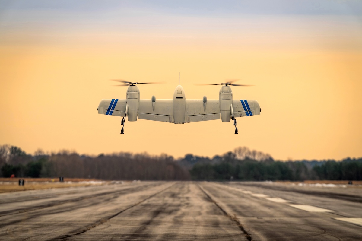 Sikorsky rotor blown wing UAS hovering above a runway