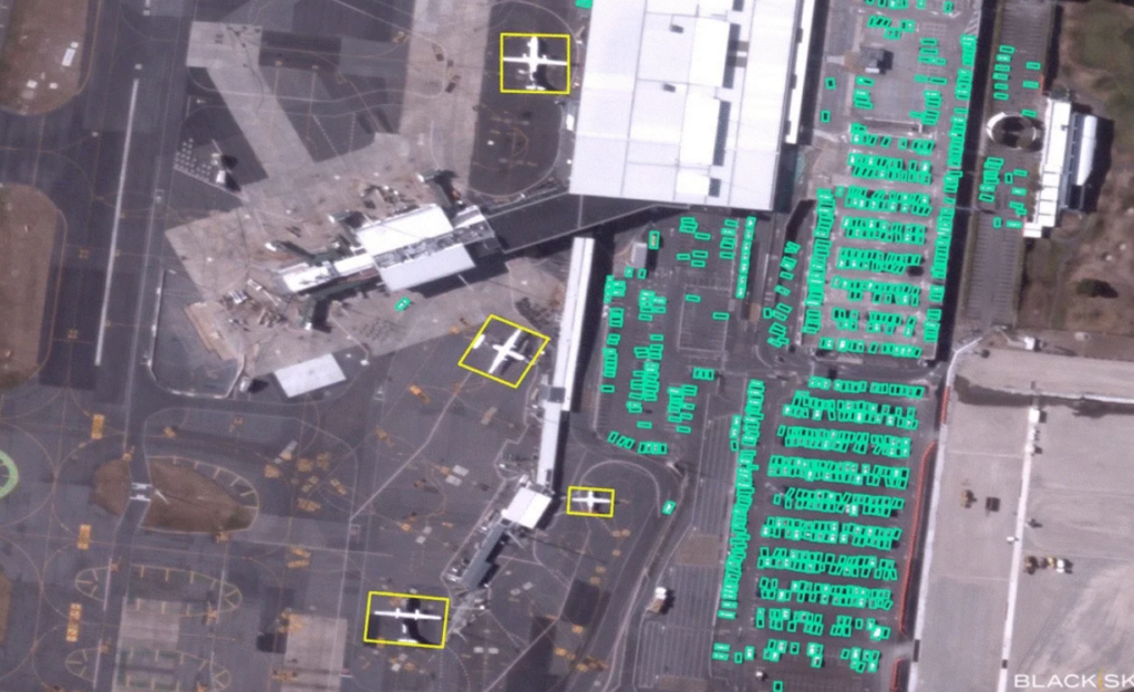 BlackSky Gen-3 satellite image with AI-enabled analytics highlighting aircraft and vehicles over the main terminal of Wellington International Airport in New Zealand.