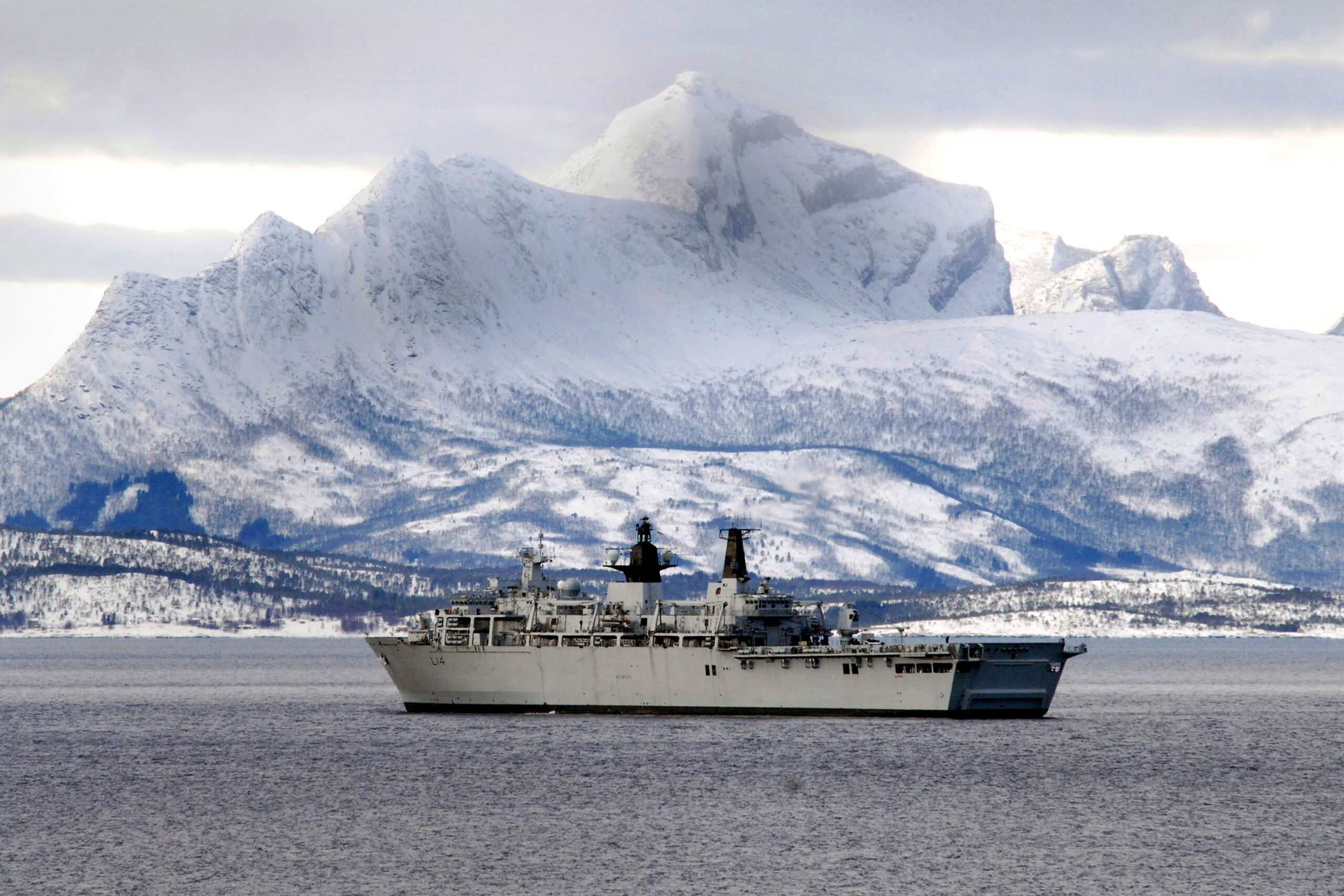 HMS Albion, a Landing Platform Dock (LPD), is shown operating near the coast of Norway as part of Exercise Hairspring in 2008.
