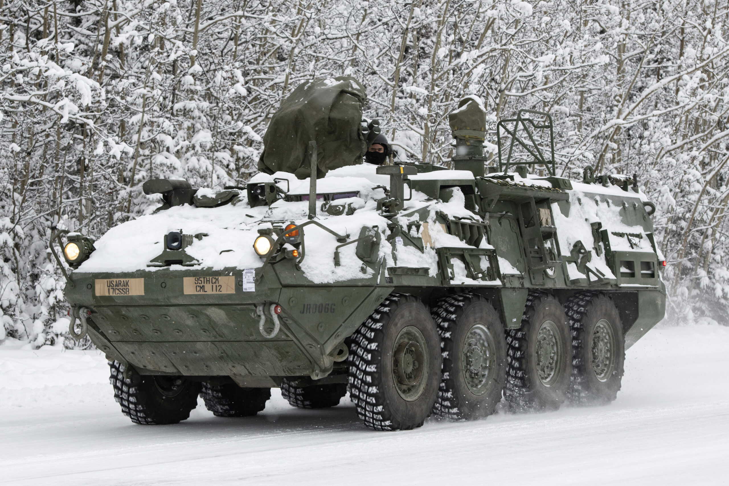 Soldiers assigned to the 95th Chemical Company, 17th Combat Sustainment Support Battalion, U.S. Army Alaska, operates a M1135 Stryker Nuclear Biological Chemical Reconnaissance Vehicle while performing vehicle maintenance at Joint Base Elmendorf-Richardson, Alaska, Jan. 22, 2019. The Stryker NBCRV increases unit combat power by utilizing an integrated nuclear, biological and chemical sensor suite/meteorological system for improved threat detection and battlefield surveillance. An onboard NBC positive overpressure system minimizes cross-contamination of sensitive detection instruments, further protects the crew inside, and allows for extended operation in a contaminated environment. (U.S. Air Force photo by Alejandro Peña)