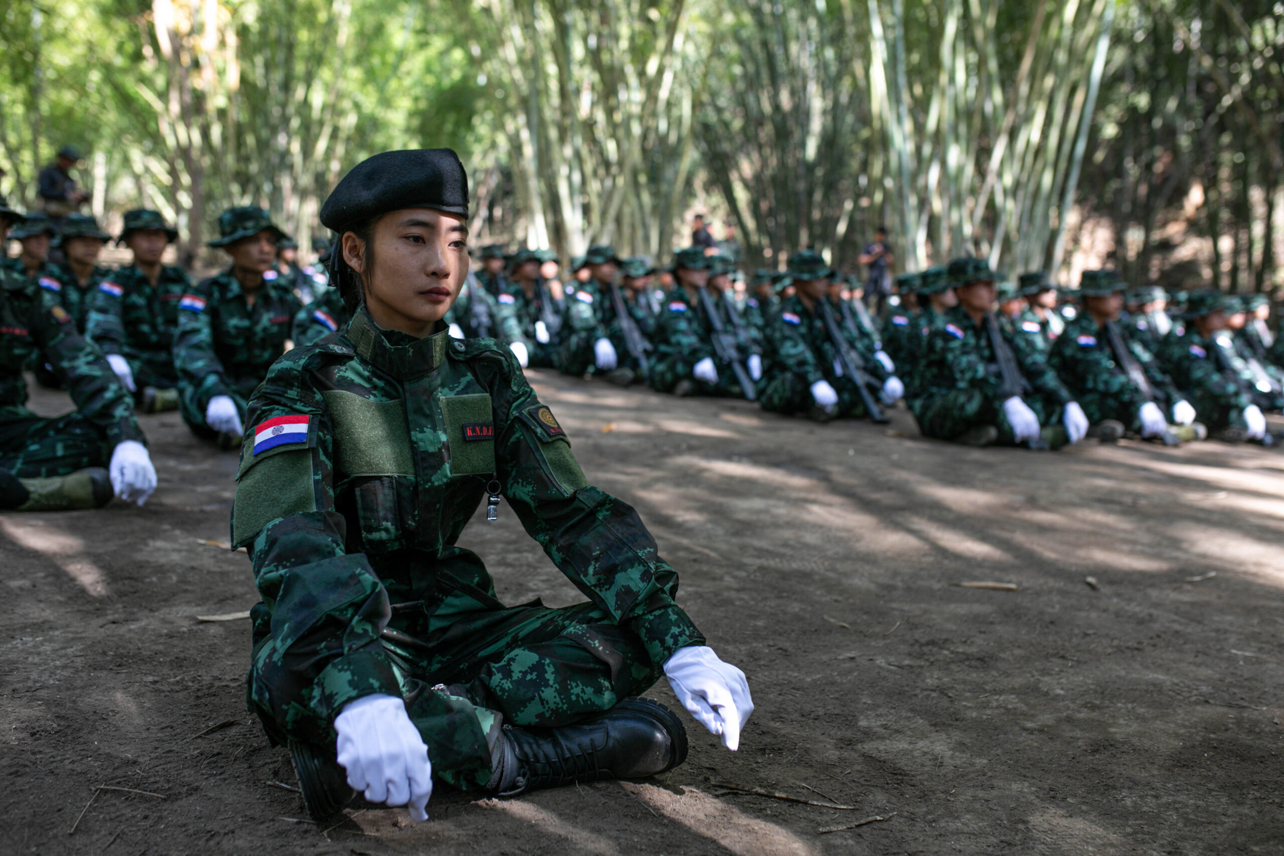 KNDF soldiers in the jungle during the Graduation Ceremony of Karenni Nationalities Defense Force (KNDF) battalions, Karenni (Kayah) State, Burma, 7th February 2024. Soldats des KNDF dans la jungle, durant une ceremonie de remise de diplomes de bataillons des Forces de Defense des Nationalites Karenni, Etat de Karenni (Kayah), Birmanie, le 7 fevrier 2024. (Photo by Oliver Petrie / Hans Lucas / Hans Lucas via AFP)