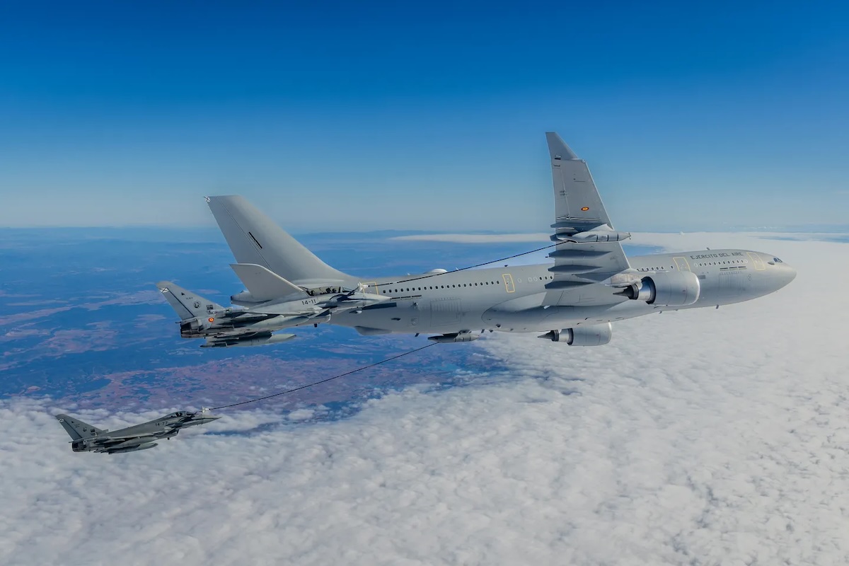 An A330 Multi-Role Tanker Transport (MRTT) aircraft in a refueling mission