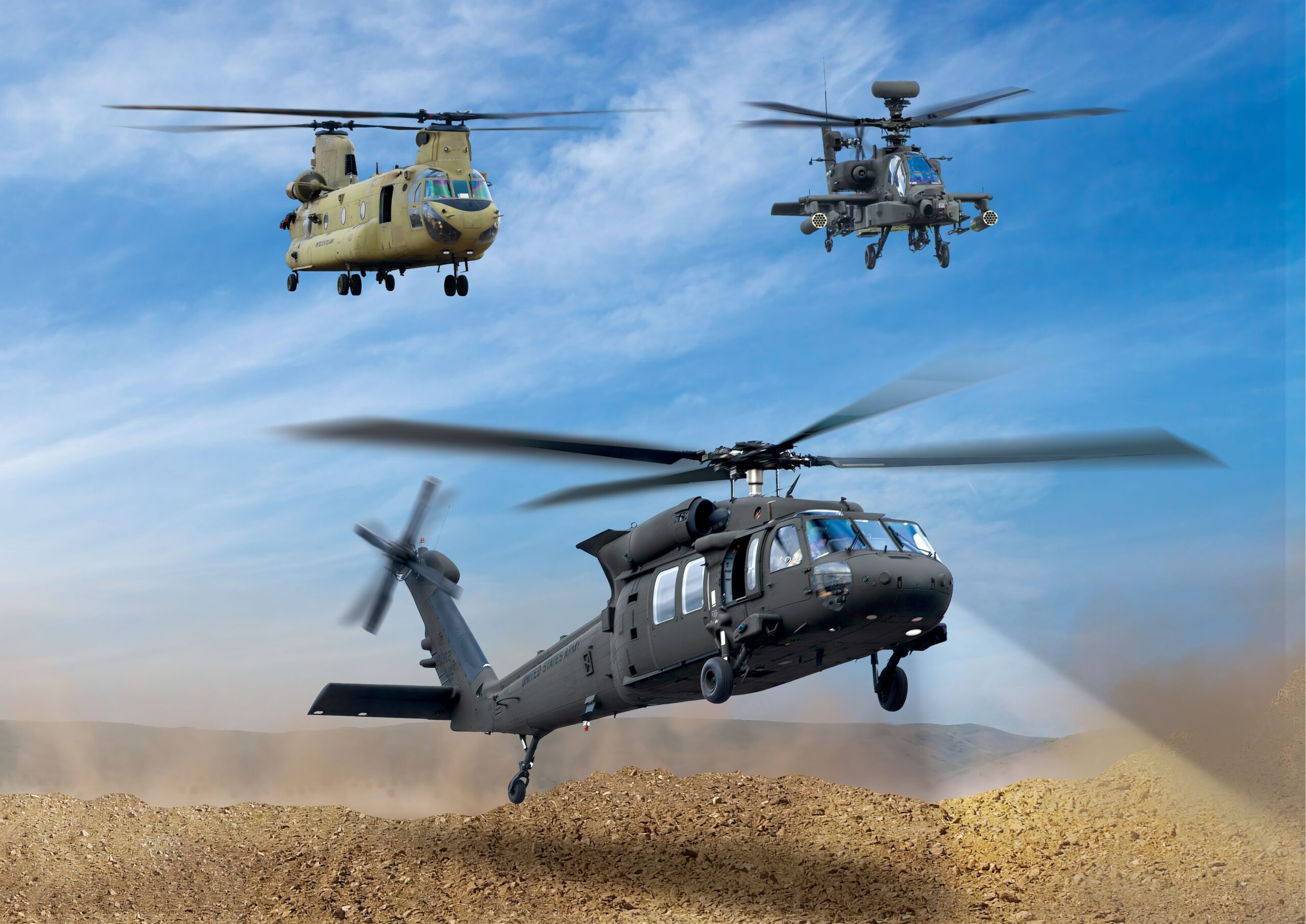 CH-47F Chinook, UH-60M Black Hawk, and AH-64E Apache helicopters