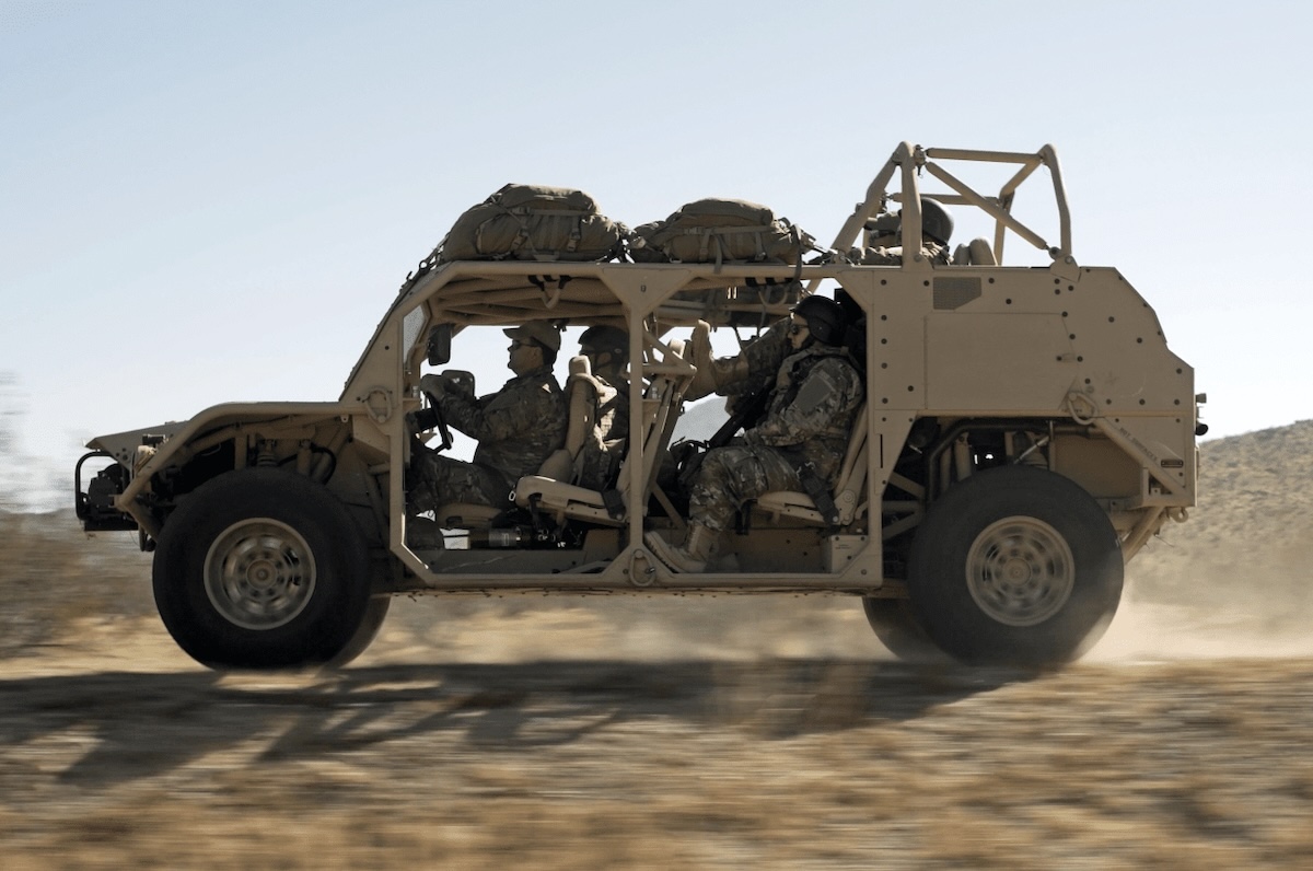 Flyer 72-LD light tactical vehicle with soldiers riding