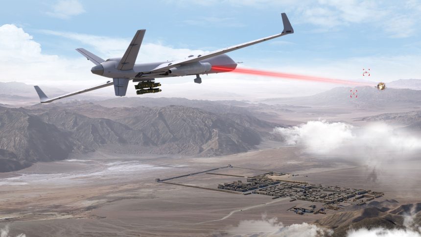Rendering of the MQ-9B SkyGuardian engaging drones with the an airborne laser pod