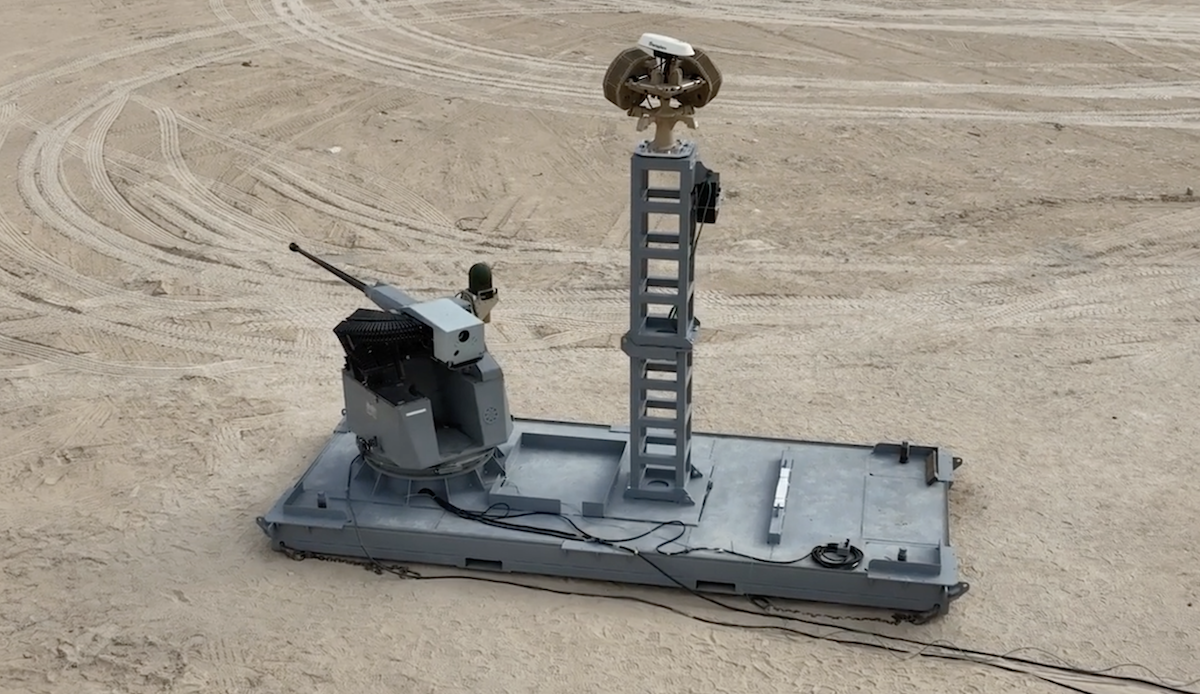 The Typhoon 30 Remote Weapon System used to counter drones during a test in the desert.