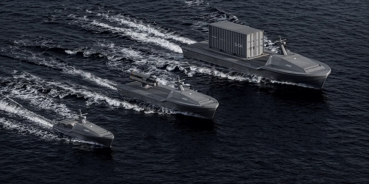 Saronic’s Corsair (24'), Mirage (40'), and Cipher (60') Autonomous Surface Vessels sailing on water
