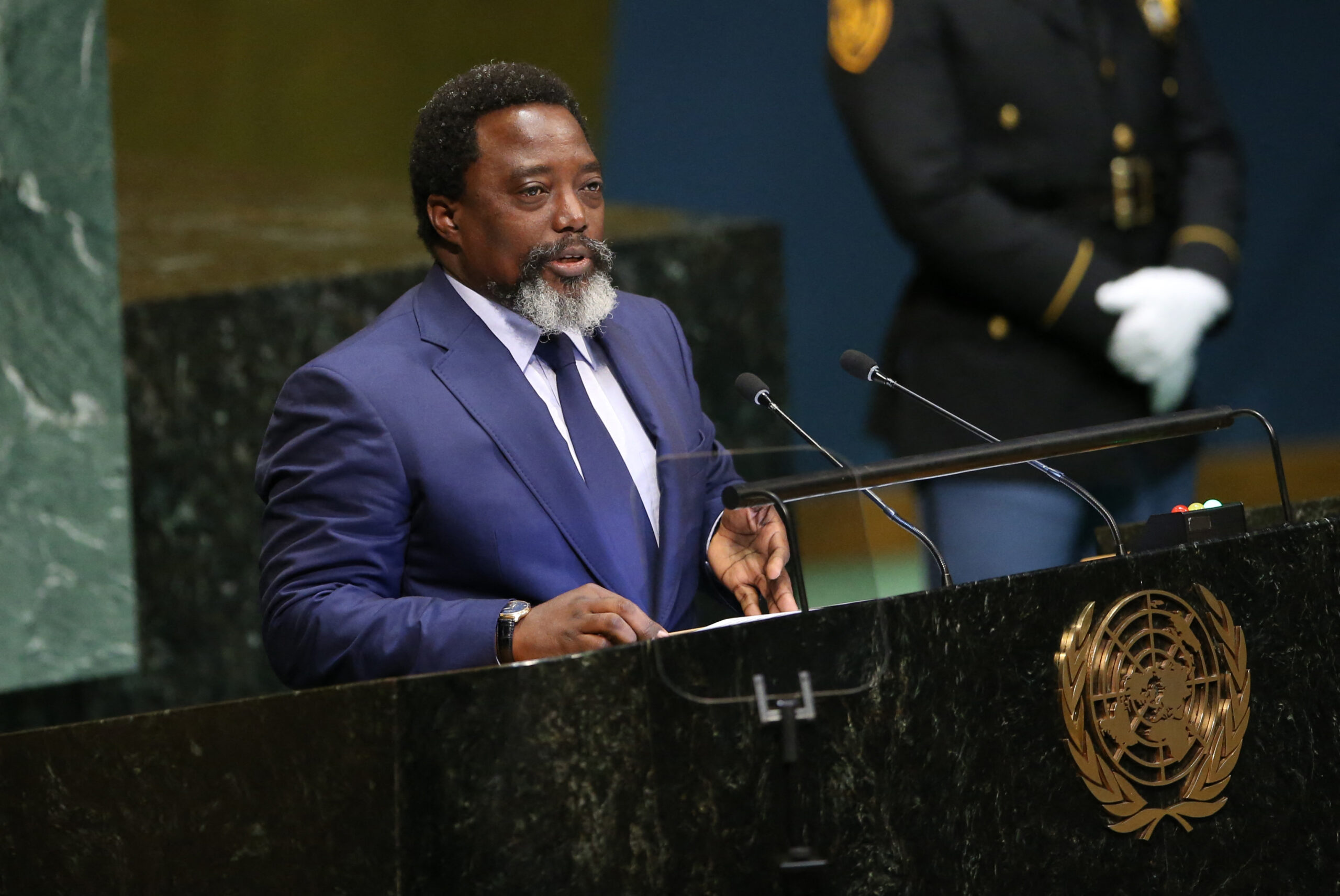 (180926) -- UNITED NATIONS, Sept. 26, 2018 (Xinhua) -- Joseph Kabila, President of the Democratic Republic of Congo, addresses the General Debate of the 73rd session of the United Nations General Assembly at the UN headquarters in New York, on Sept. 25, 2018. (Xinhua/Qin Lang) (yy) (Photo by Qin Lang / XINHUA / Xinhua via AFP)