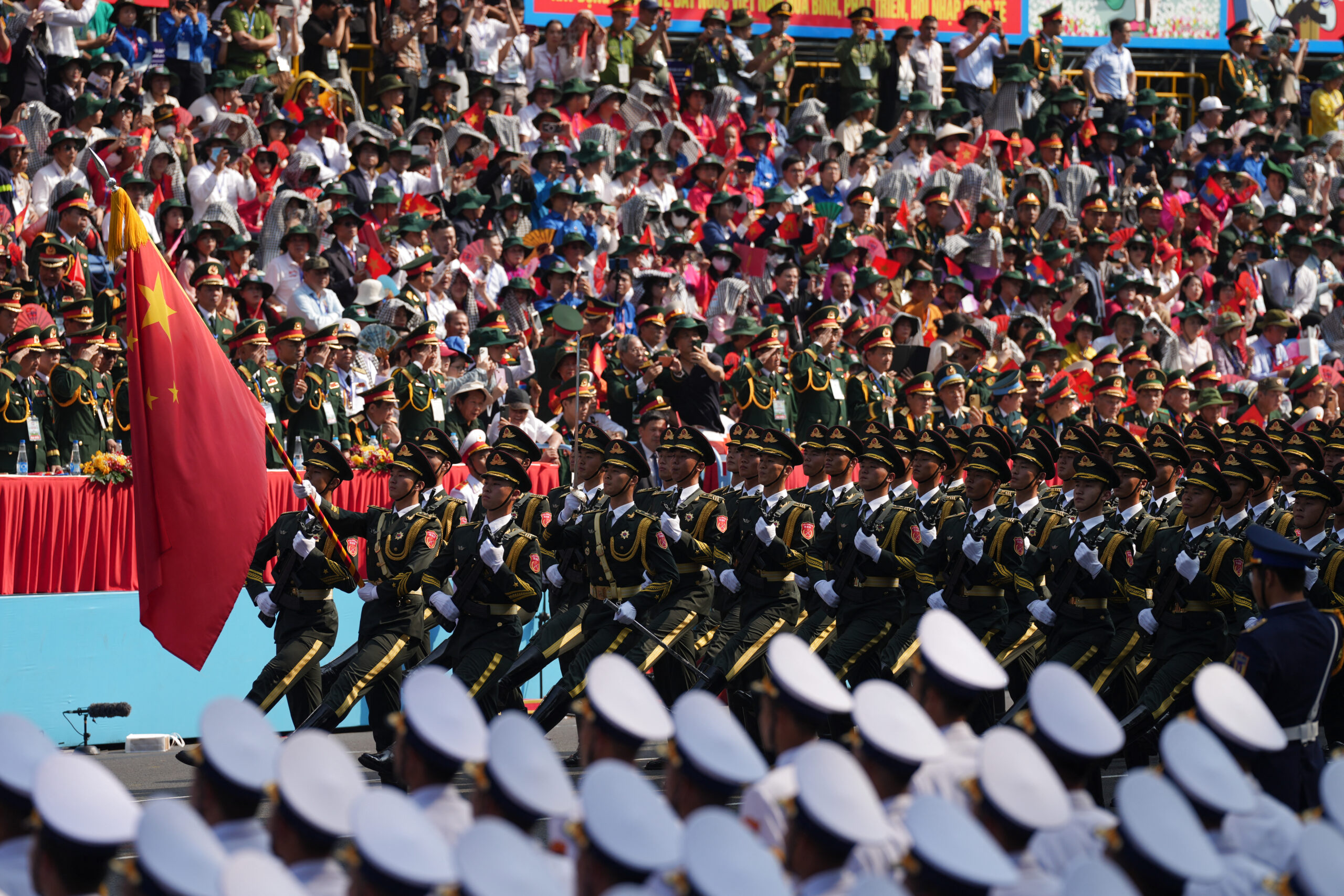 (250502) -- BEIJING, May 2, 2025 (Xinhua) -- The Guard of Honor of the Chinese People's Liberation Army (PLA) participate in a military parade marking the 50th anniversary of the liberation of the South and national reunification at the invitation of Vietnam's Ministry of National Defense, in Ho Chi Minh City, Vietnam, April 30, 2025. (Xinhua/Hu Jiali) (Photo by Hu Jiali / XINHUA / Xinhua via AFP)