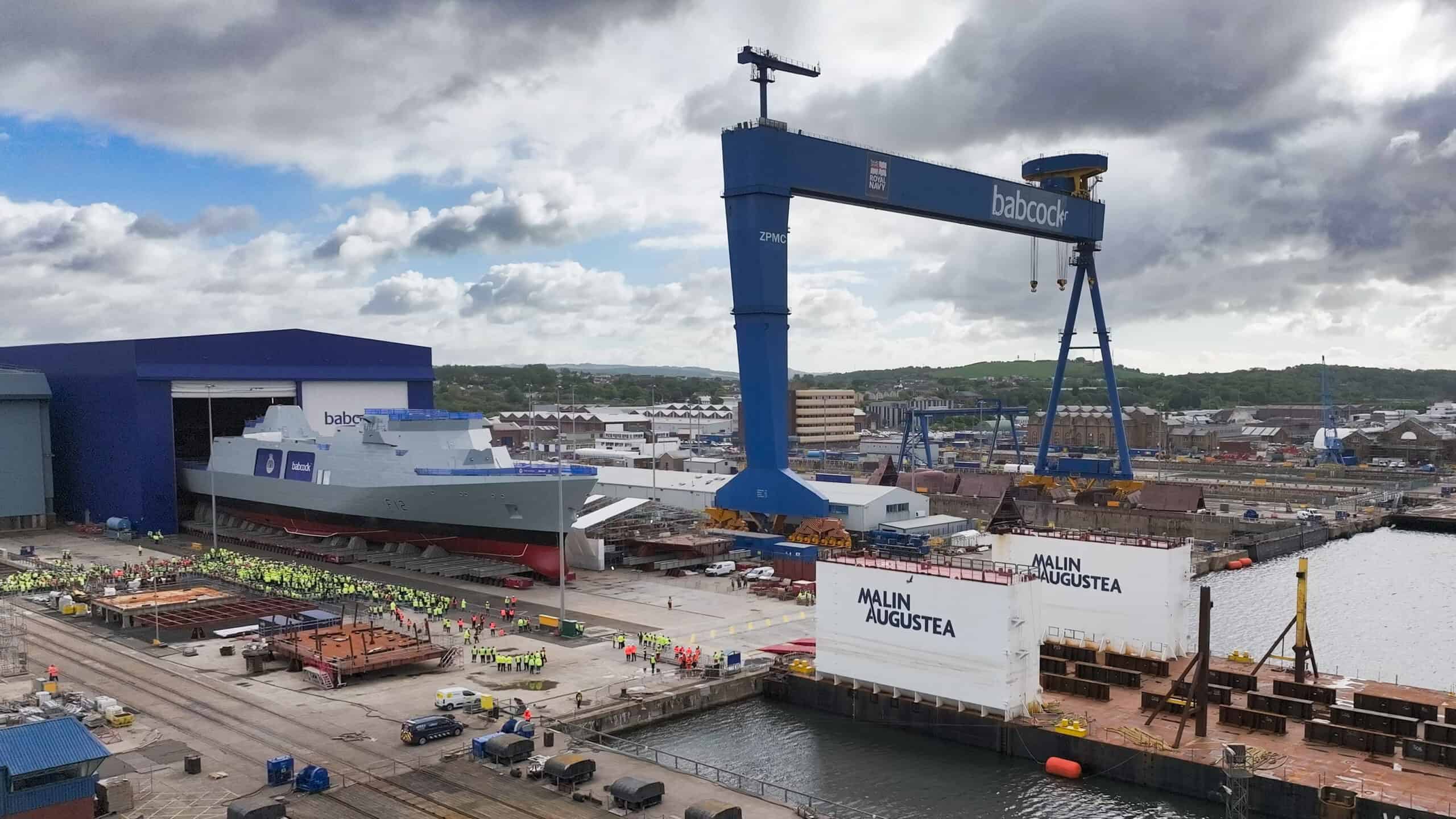 HMS Venturer (F12), an Inspiration-class (Type 31) frigate, at Babcock’s Rosyth facility.