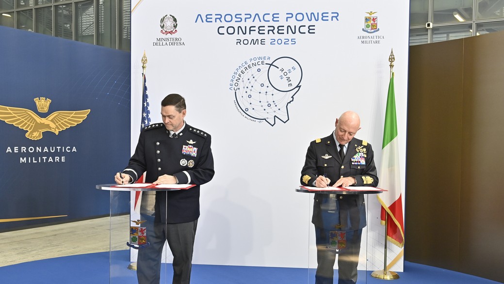 U.S. Space Force Chief of Space Operations Gen. Chance Saltzman and the Chief of Staff of the Italian Air Force, Lt. Gen. Luca Goretti, sign a Statement of Understanding aimed at intensifying mutual collaboration in the crucial sector of space security, May 8, 2025.