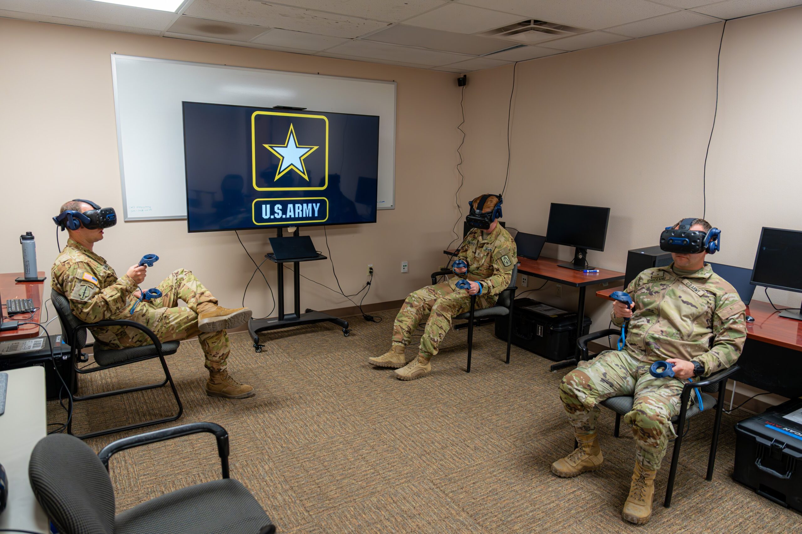 Soldiers from the 204th Military Intelligence Battalion in Fort Bliss, Texas, get hands on with new Virtual Aerial Systems Trainer (VAST) classroom virtual reality headsets. The VAST classroom represents a transformational shift in how the Army can approach mission equipment training. (U.S. Army Photo)