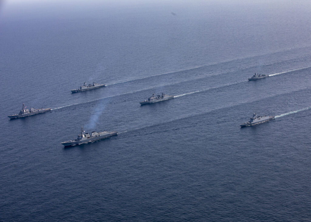 230427-N-CD453-2001 YELLOW SEA (April 27, 2023) Arleigh Burke-class guided-missile destroyer USS John Finn (DDG 113) sails in formation with Republic of Korea Navy ships Sejong the Great-class guided-missile destroyer ROKS Sejong the Great (DDG 991), Daegu-class frigate ROKS Seoul (FFG-821), Gwangaetto the Great-class multipurpose destroyer ROKS Eulji Mundeok (DDH-972), Chungmugong Yi Sun-sin-class multipurpose destroyer ROKS Choe Yeong (DDH 981), and Ulsan-class frigate ROKS Cheongju, during Maritime Counter Special Operations Exercise (MCSOFEX) in the Yellow Sea, April 27. John Finn is assigned to Commander, Task Force 71/Destroyer Squadron (DESRON) 15, the Navy’s largest forward-deployed DESRON and U.S. 7th Fleet’s principal surface force. (U.S. Navy photo by Mass Communication Specialist 2nd Class Samantha Oblander)