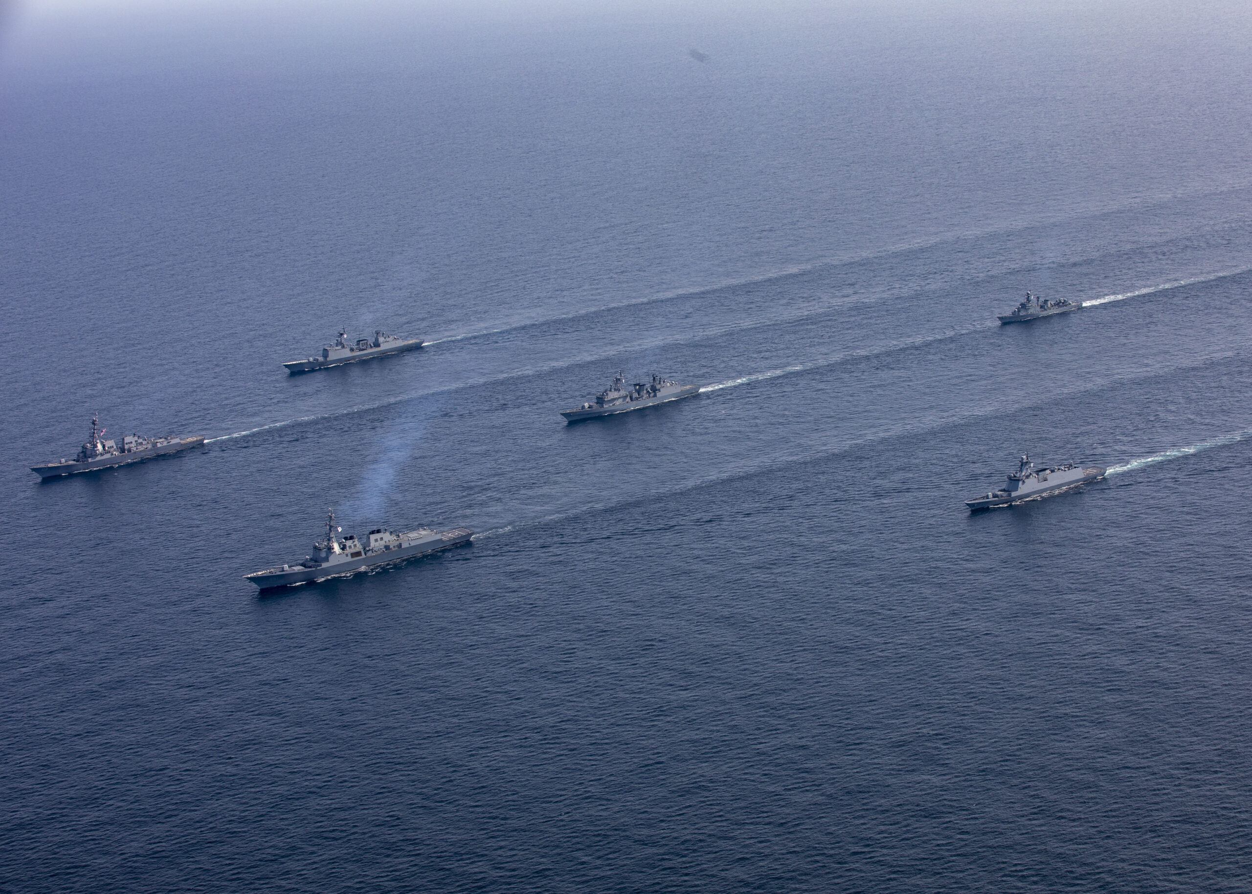 230427-N-CD453-2001 YELLOW SEA (April 27, 2023) Arleigh Burke-class guided-missile destroyer USS John Finn (DDG 113) sails in formation with Republic of Korea Navy ships Sejong the Great-class guided-missile destroyer ROKS Sejong the Great (DDG 991), Daegu-class frigate ROKS Seoul (FFG-821), Gwangaetto the Great-class multipurpose destroyer ROKS Eulji Mundeok (DDH-972), Chungmugong Yi Sun-sin-class multipurpose destroyer ROKS Choe Yeong (DDH 981), and Ulsan-class frigate ROKS Cheongju, during Maritime Counter Special Operations Exercise (MCSOFEX) in the Yellow Sea, April 27. John Finn is assigned to Commander, Task Force 71/Destroyer Squadron (DESRON) 15, the Navy’s largest forward-deployed DESRON and U.S. 7th Fleet’s principal surface force. (U.S. Navy photo by Mass Communication Specialist 2nd Class Samantha Oblander)