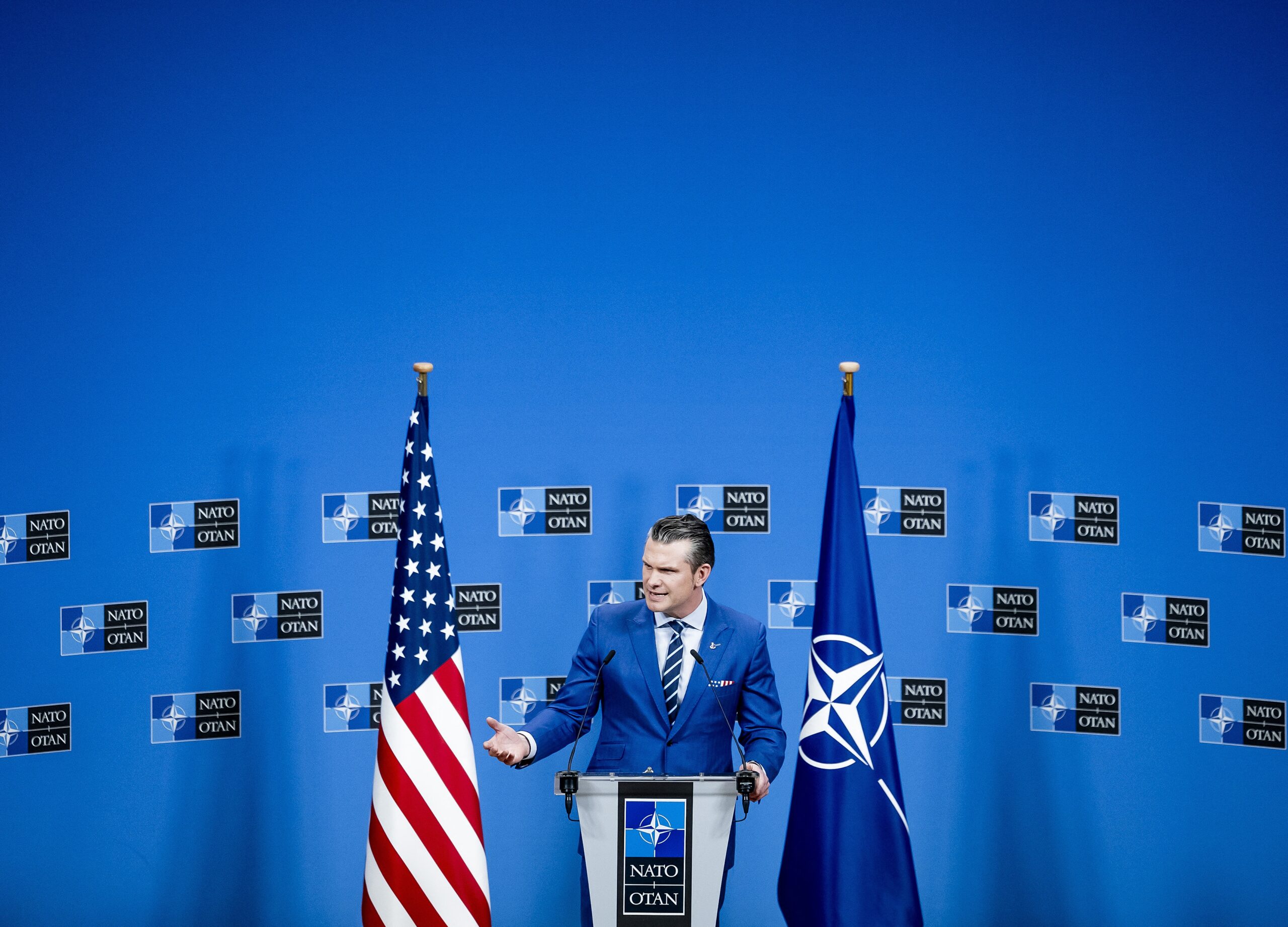 BRUSSELS - Pete Hegseth, U.S. Secretary of Defense, gives a press conference at NATO headquarters following a meeting of the defense ministers of the 32 NATO countries. At the so-called Defense Ministerial, they will discuss, among other things, preparations for the NATO summit in June in The Hague. ANP REMKO DE WAAL netherlands out - belgium out (Photo by REMKO DE WAAL / ANP MAG / ANP via AFP)