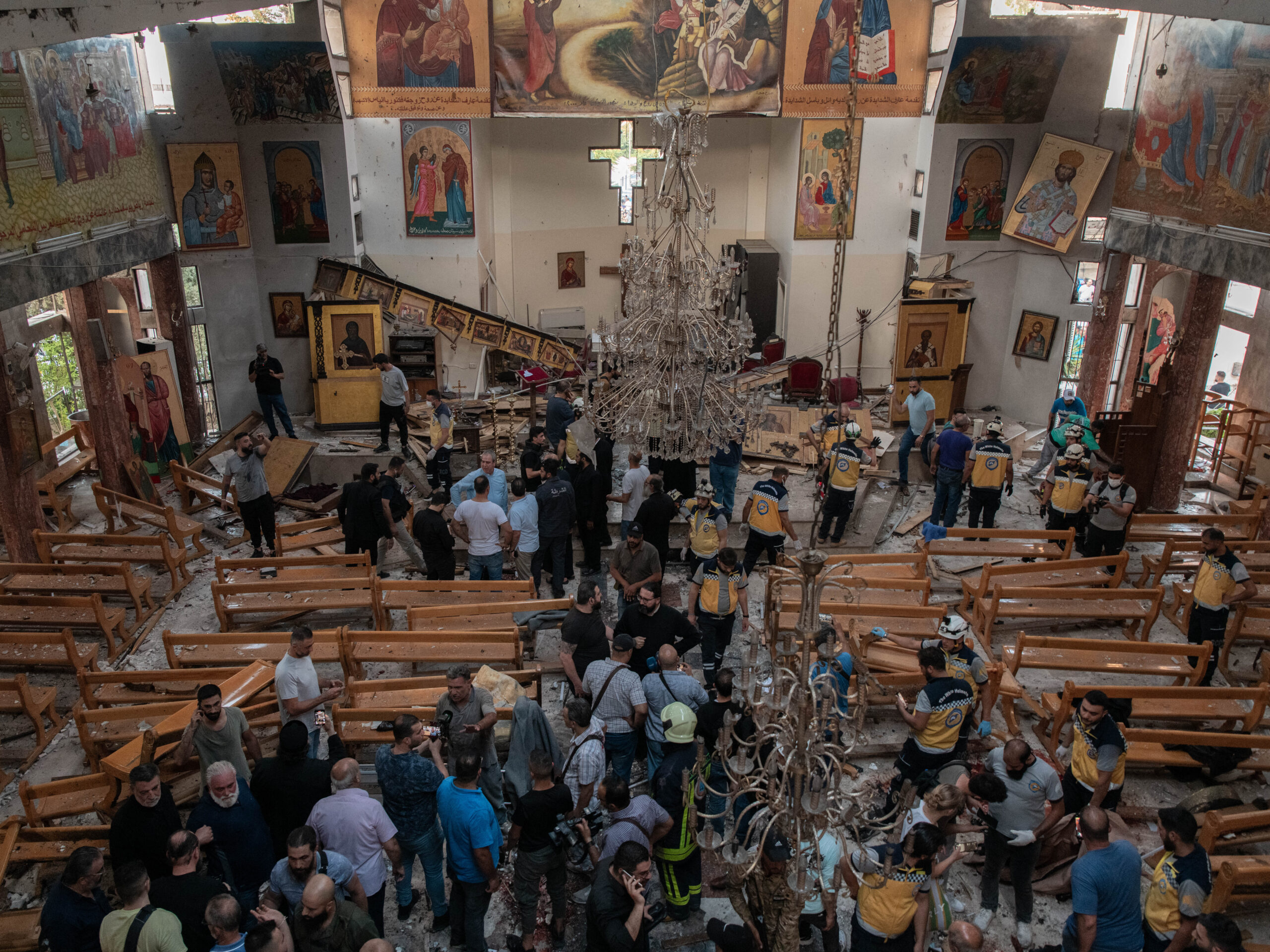 Scene of chaos following a suicide attack on Sunday, June 22, at the Mar Elias Church in Damascus.